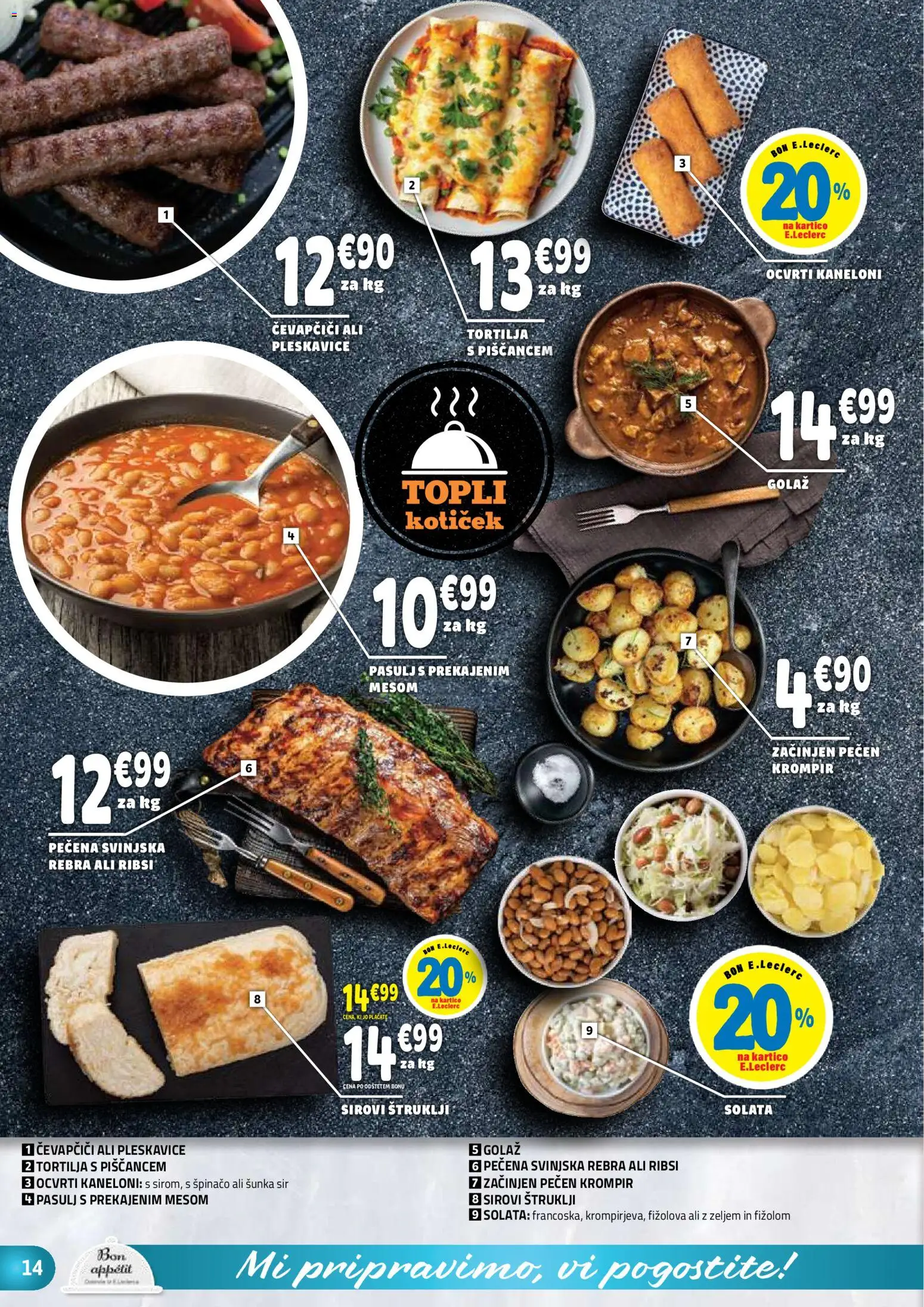 Novi E.leclerc katalog ponudbe – veljaven od 12.08.2026 | Stran: 14 | Izdelki: Pleskavice, Sunka, Solata, Krompir