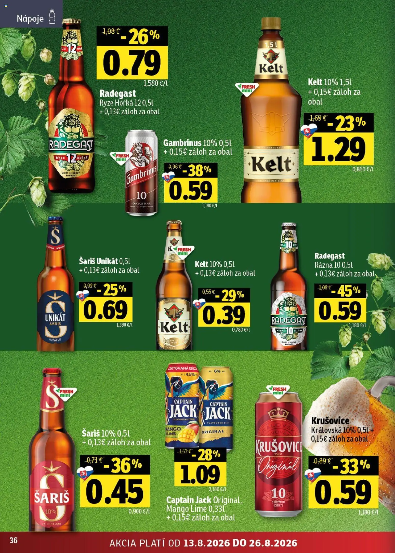 Nové Fresh akcie – leták je platný od 13.08.2026 | Strana: 36 | Produkty: Nápoje, Krušovice, Mango, Gambrinus