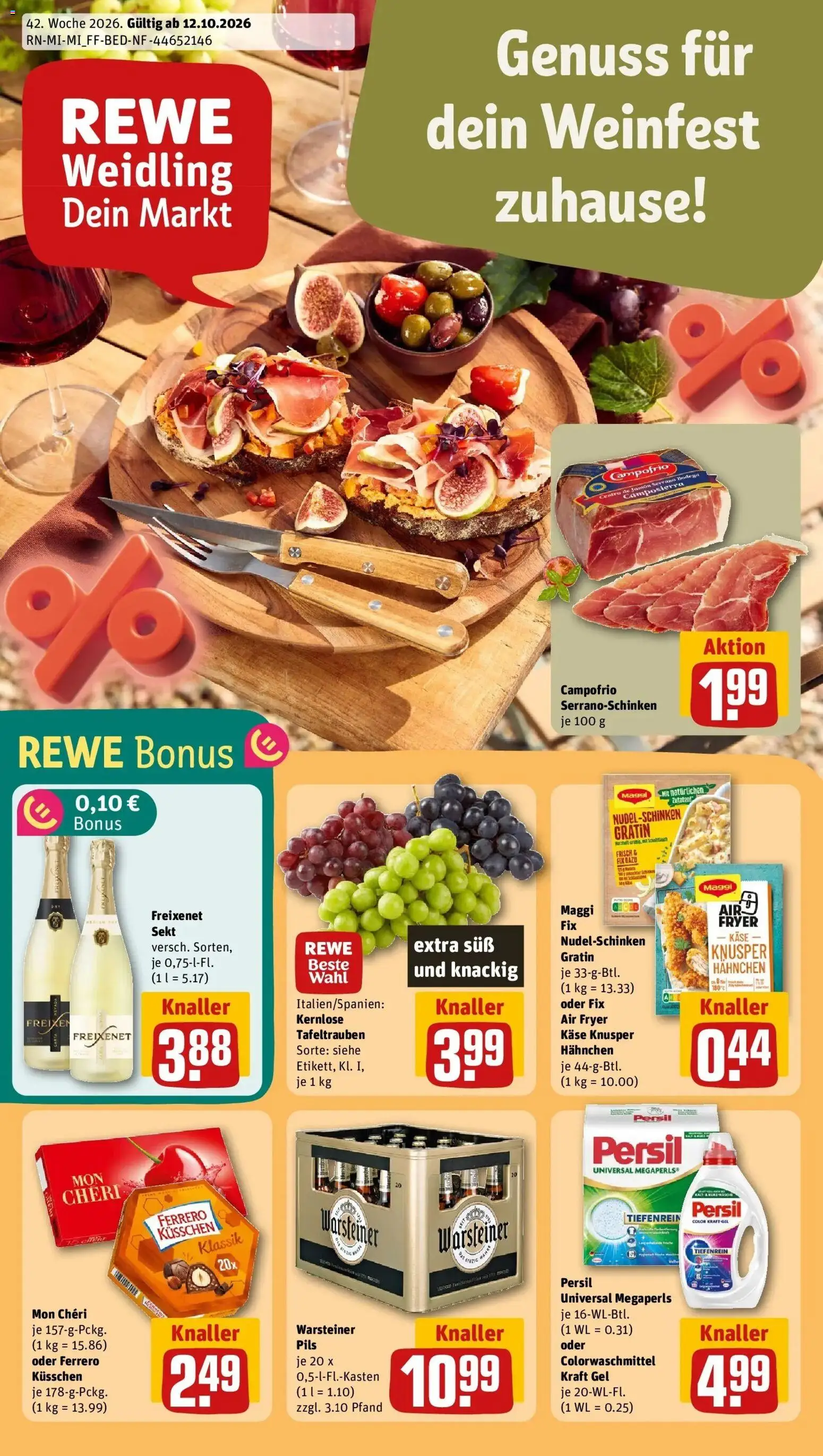 REWE Prospekt ab 12.10.2026 zum Blättern » Angebote | Seite: 1 | Produkte: Hahnchen, Käse, Sekt, Warsteiner