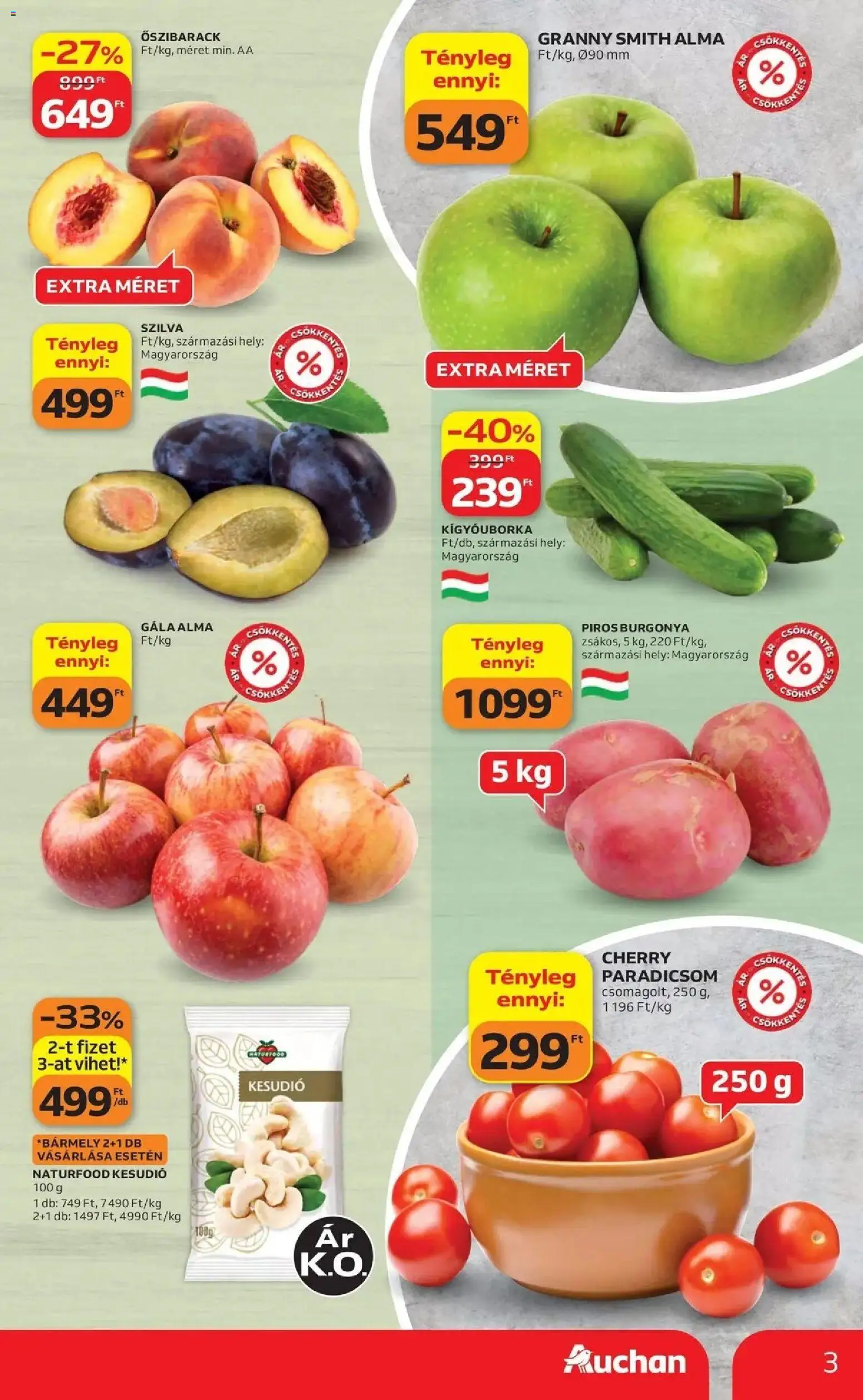 Auchan akciós újság Szolnok - 2026.08.27. -tól/töl > akció, lapozható szórólap 🛍️ | Oldal: 3 | Termékek: Őszibarack, Kígyóuborka, Szilva, Alma