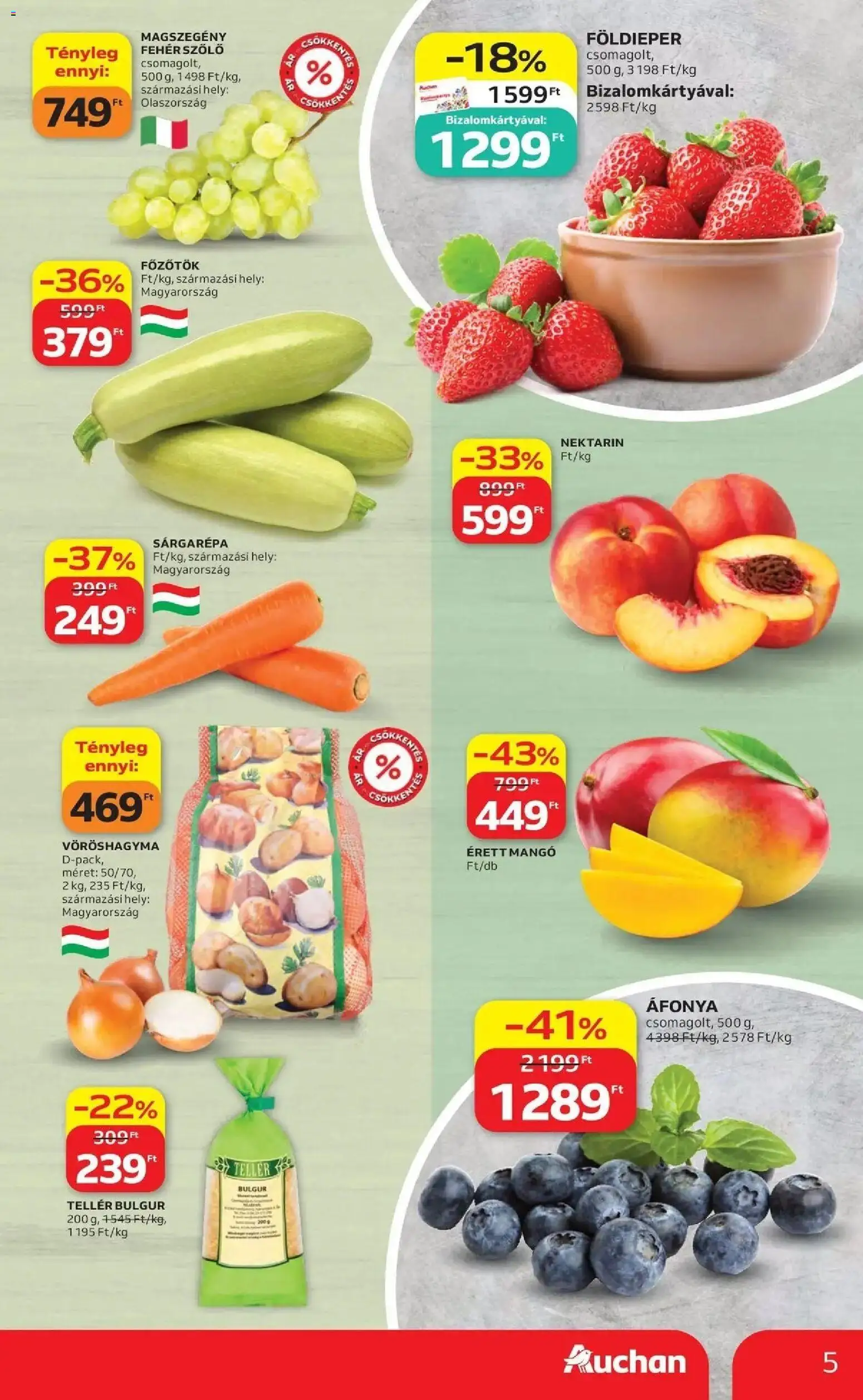 Auchan akciós ujság - amely érvényes a következő dátumtól: 2026.07.30. | Oldal: 5 | Termékek: Nektarin, Sárgarépa, Fehér szőlő, Bulgur