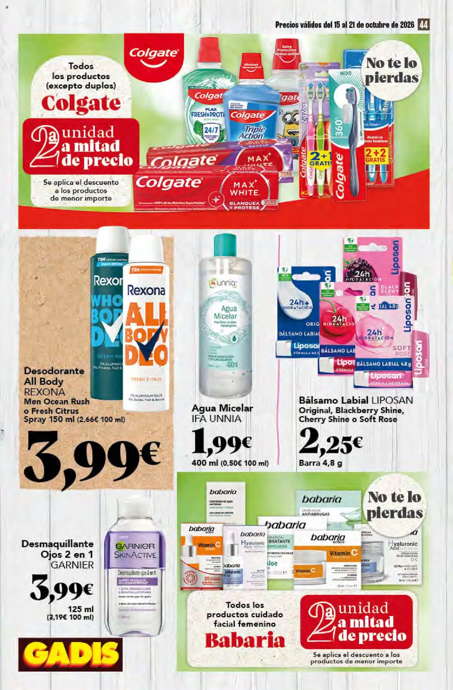 Gadis - folleto │ válido desde el 15/10/2026 | Página: 44 | Productos: Agua micelar, Bálsamo labial, Body, Agua