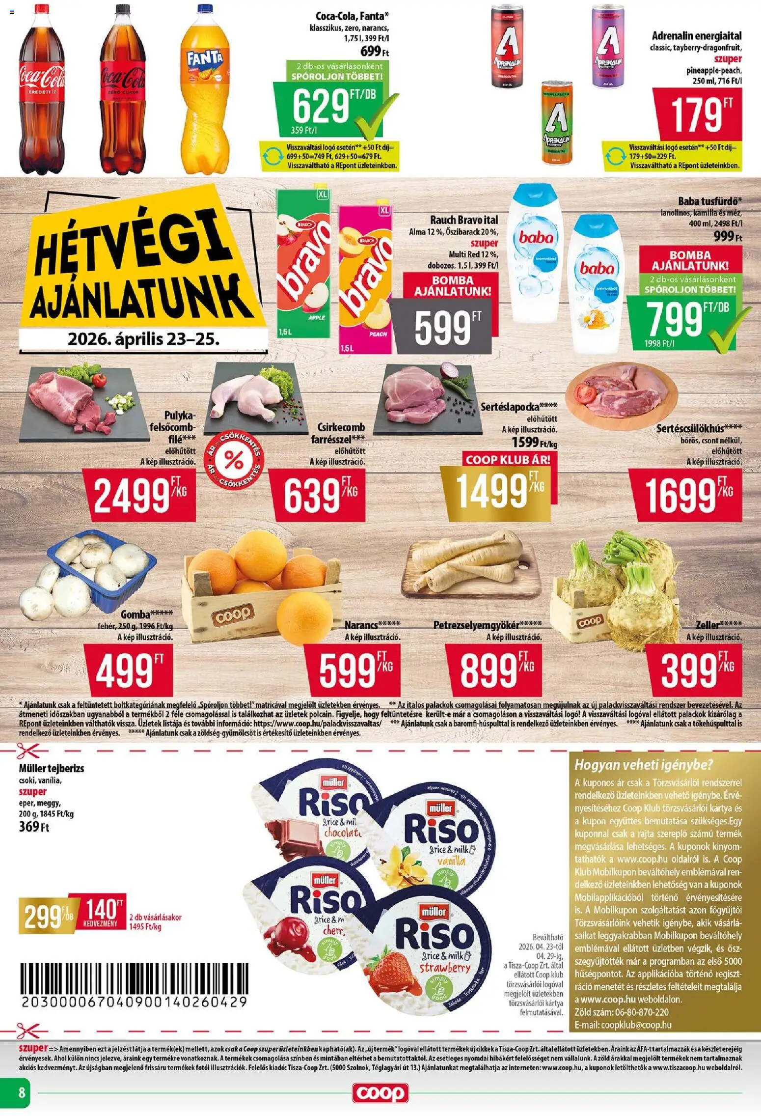 COOP akciós ujság - amely érvényes a következő dátumtól: 23.04.2026 | Oldal: 8 | Termékek: Őszibarack, Tejberizs, Csirkecomb, Cukor