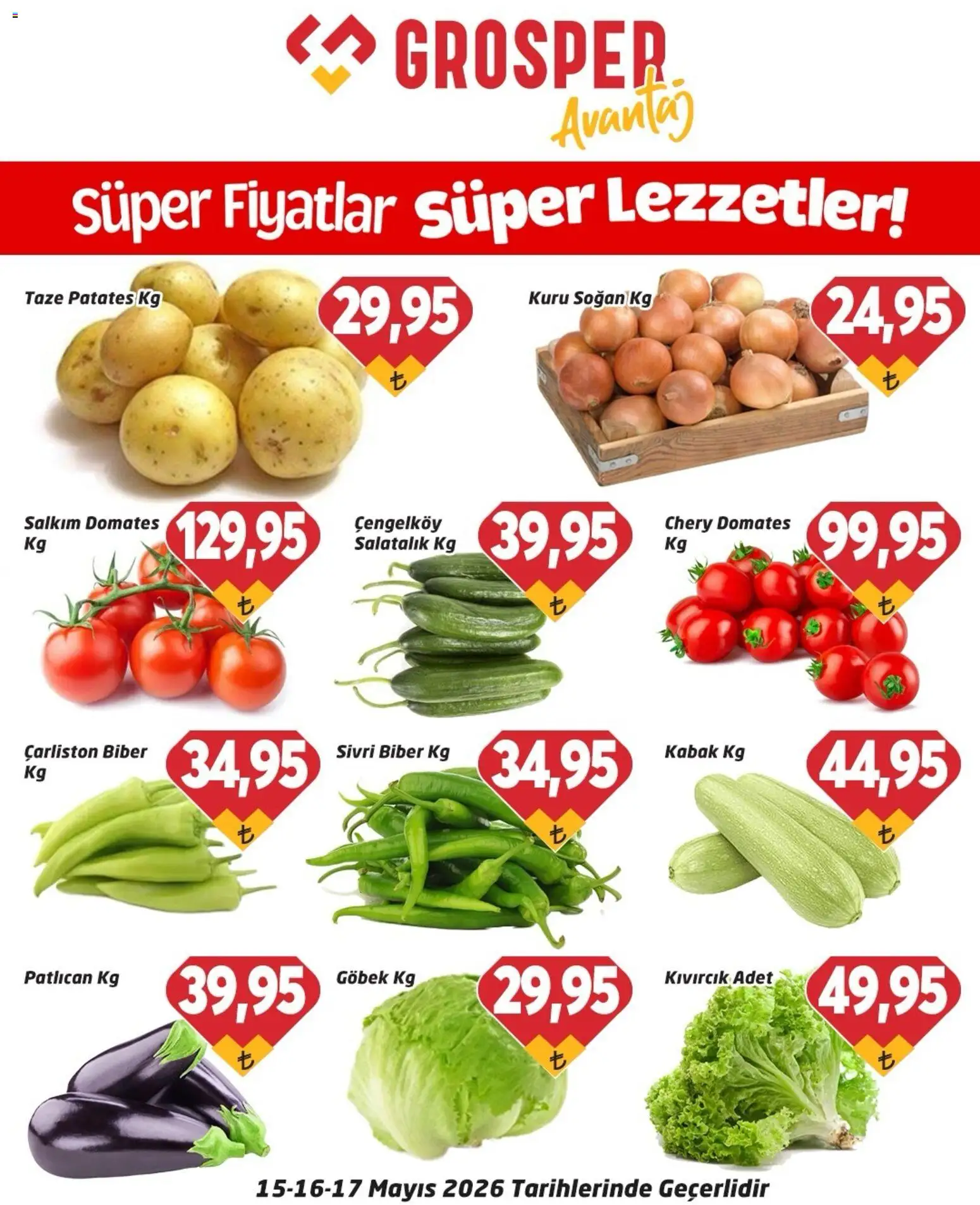 Grosper - Sebze ve meyve - 15.05.2026 tarihinden itibaren geçerlidir | Sayfa: 1 | Ürünler: Domates, Patates, Soğan, Patlıcan