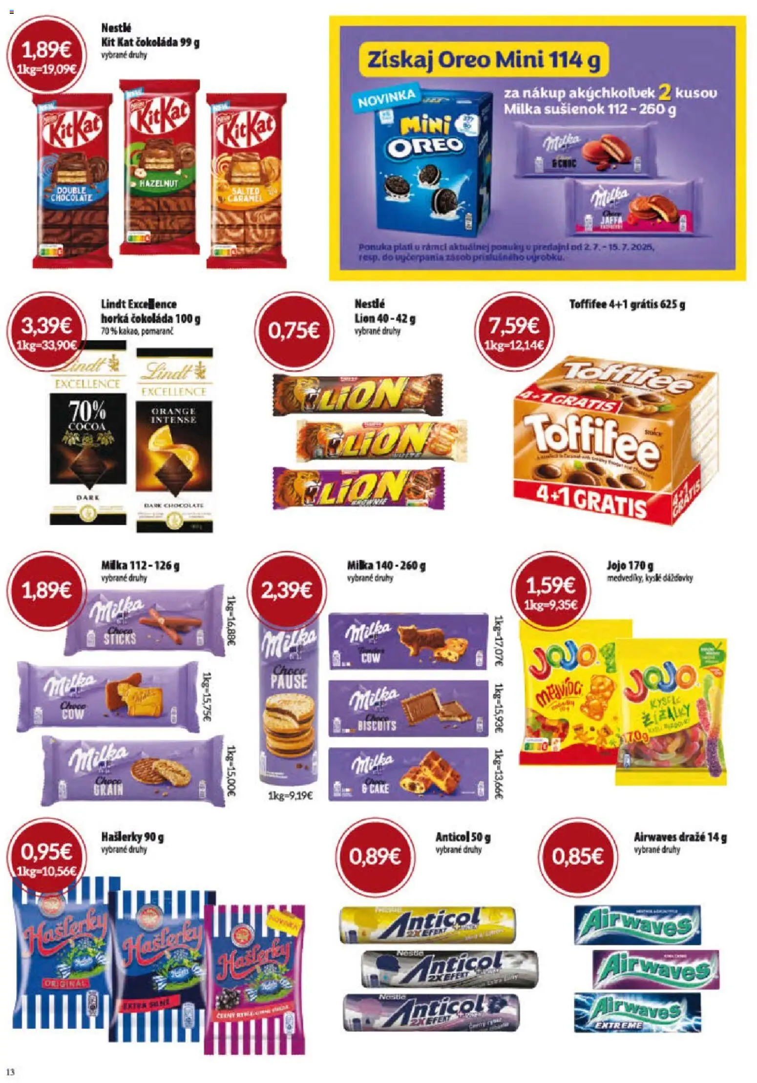 Nové KARMEN CBA akcie – leták je platný od 02.07.2026 | Strana: 13 | Produkty: Lindt, Čokoláda, Toffifee, Milka