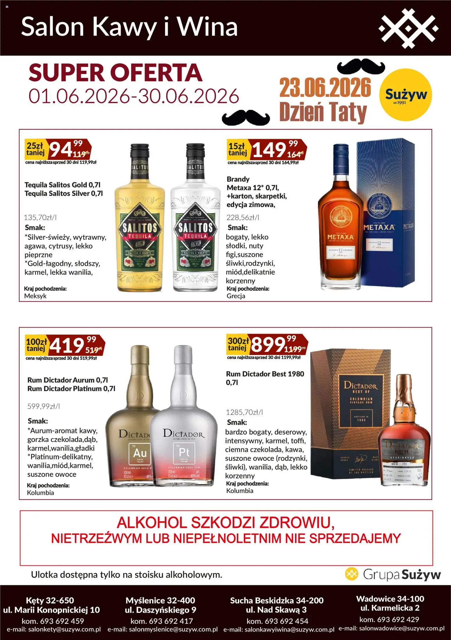 Sużyw gazetka - Salon kawy i wina od 01.06.2026 | Strona: 1 | Produkty: Metaxa, Tequila, Alkohol, Owoce