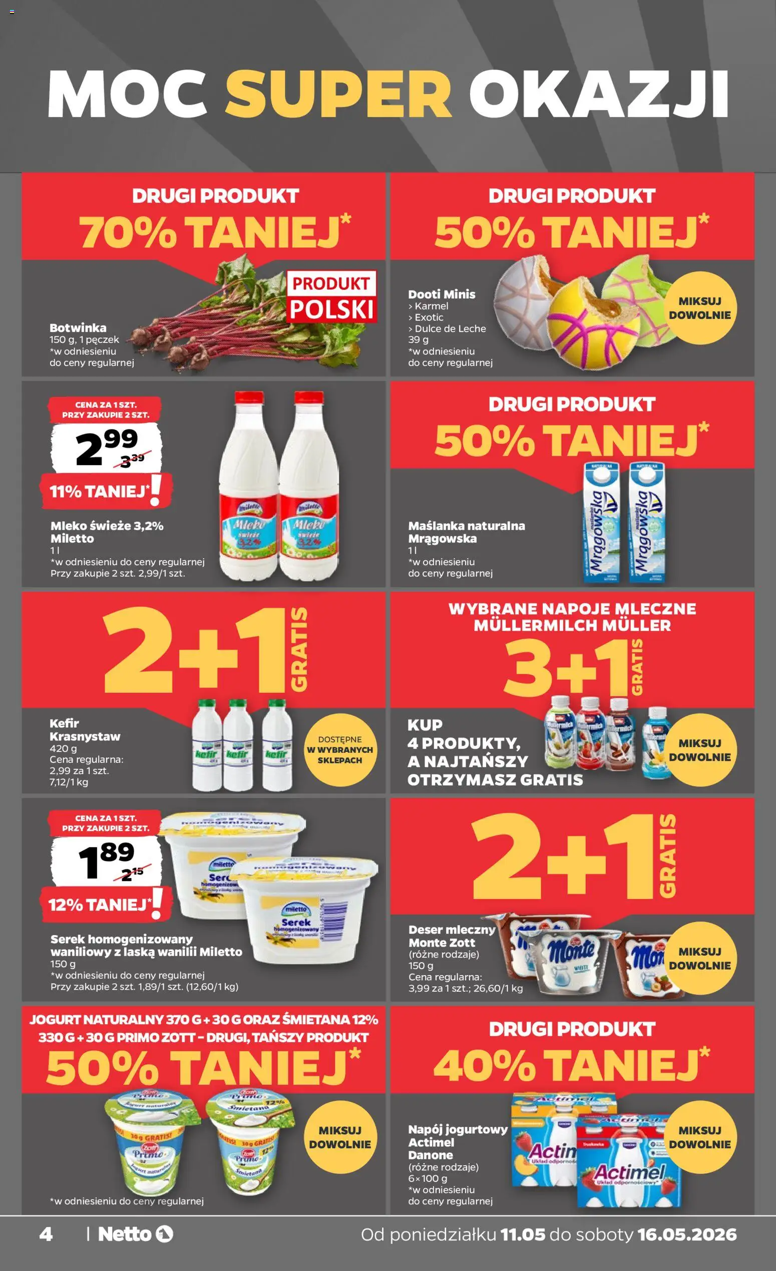 Netto gazetka od poniedziałku spożywcza od 11.05.2026 | Strona: 4 | Produkty: Maślanka, Jogurt naturalny, Napoje, Jogurt