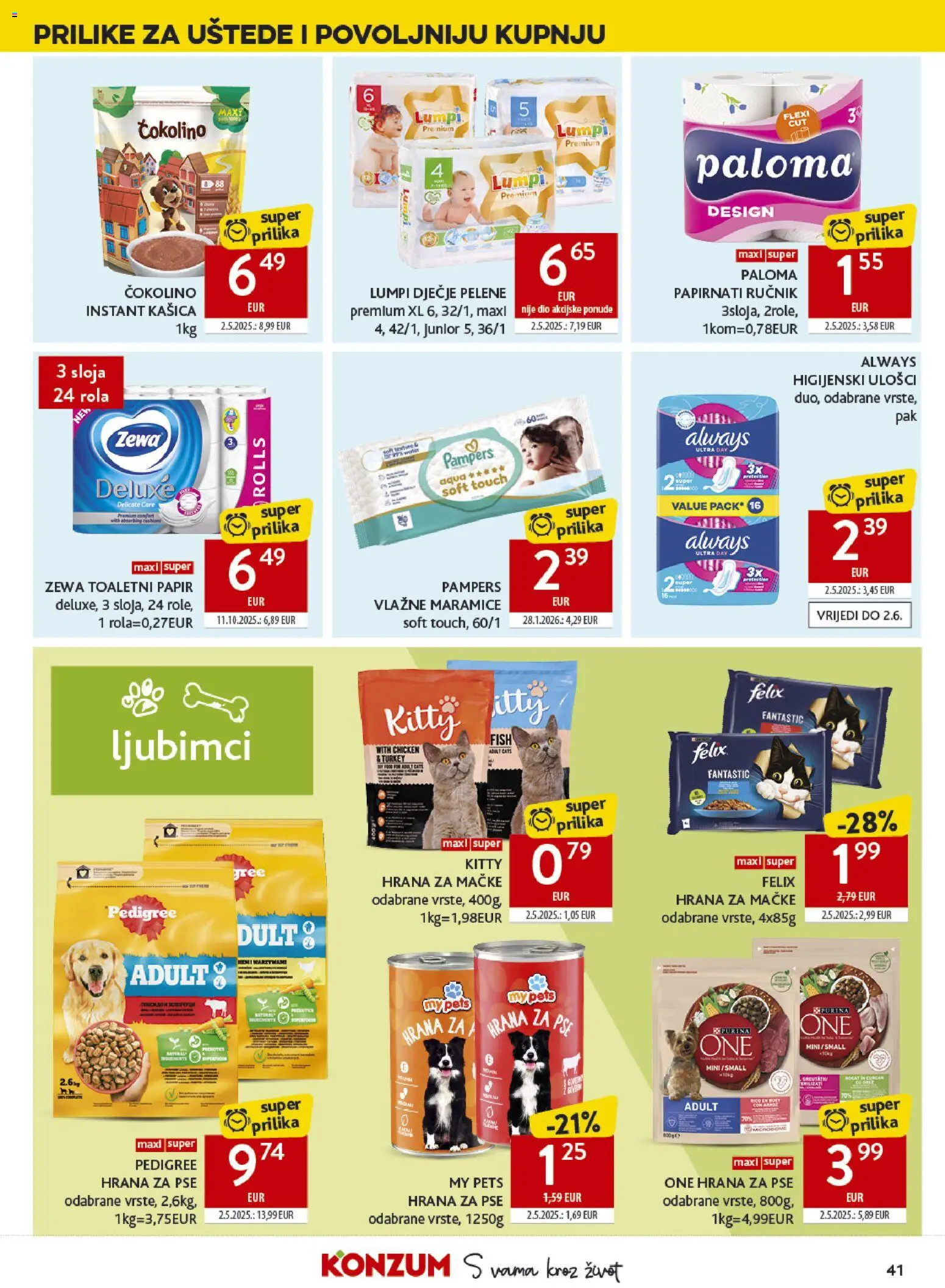 Konzum katalog | vrijedi od 20.05.2026 | Stranica: 41 | Proizvodi: Higijenski ulošci, Toaletni papir, Hrana za mačke, Čokolino