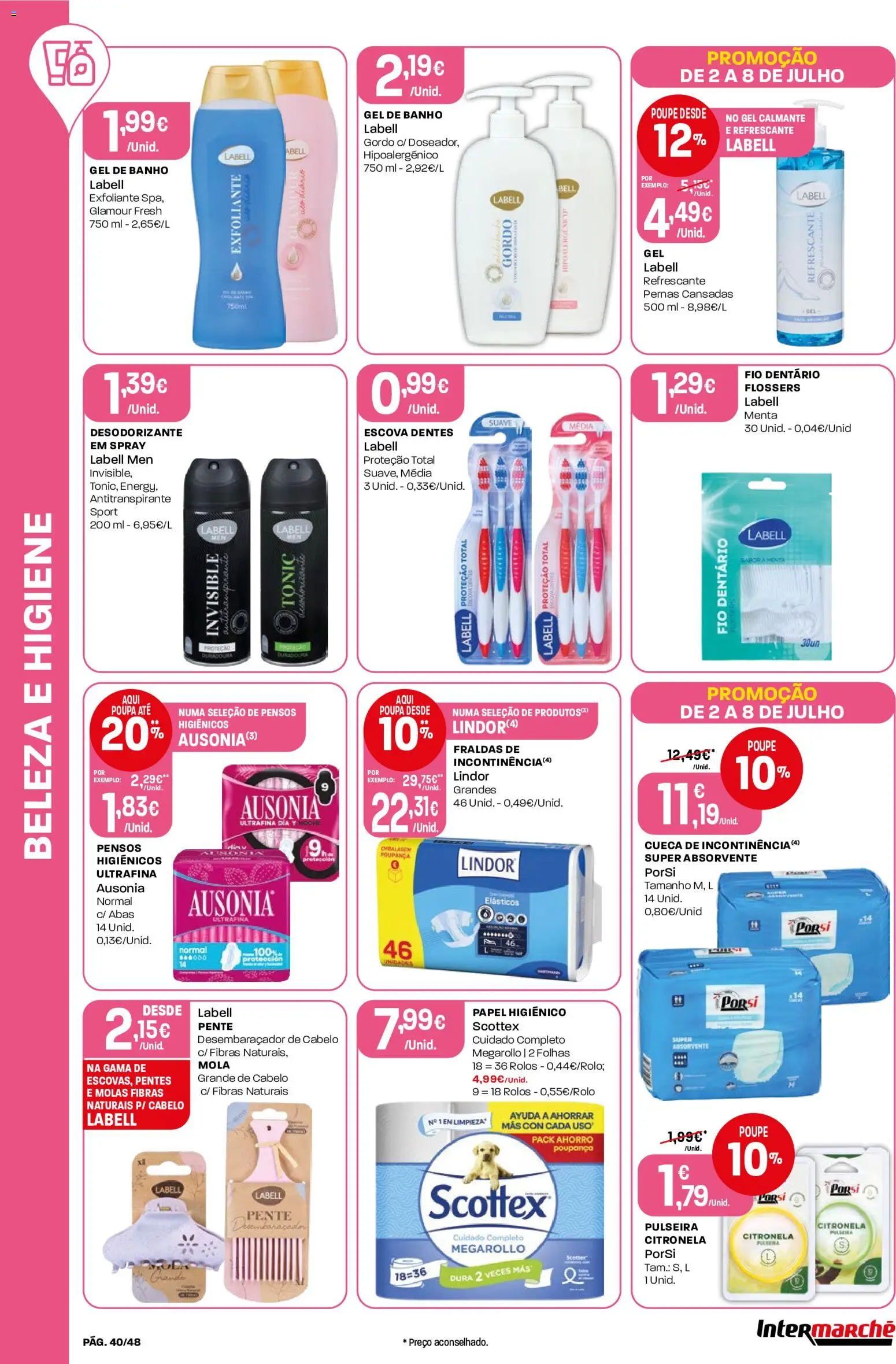 Intermarché folheto │ válido de 02/07/2026 | Página: 40 | Produtos: Papel higiénico, Fraldas, Pente, Banho