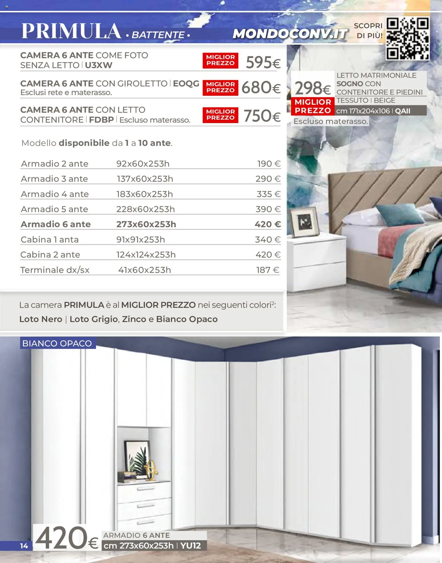 Volantino Mondo Convenienza del 01/07/2026 | Pagina: 14 | Prodotti: Letto matrimoniale, Letto, Materasso, Armadio