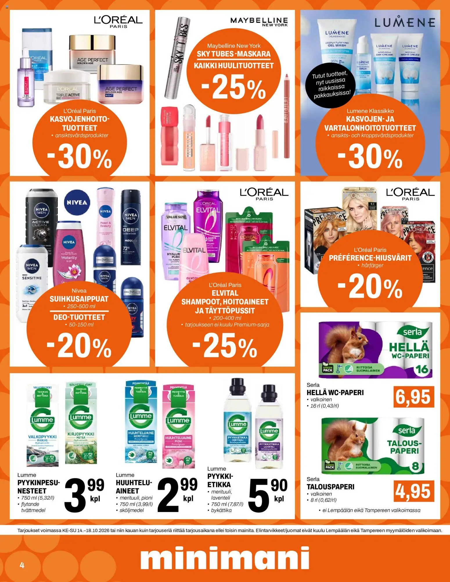 Minimani tarjoukset – voimassa 14/10/2026 alkaen | Sivu: 4 | Tuotteet: Hella, Huuhteluaine, Paperi, Etikka