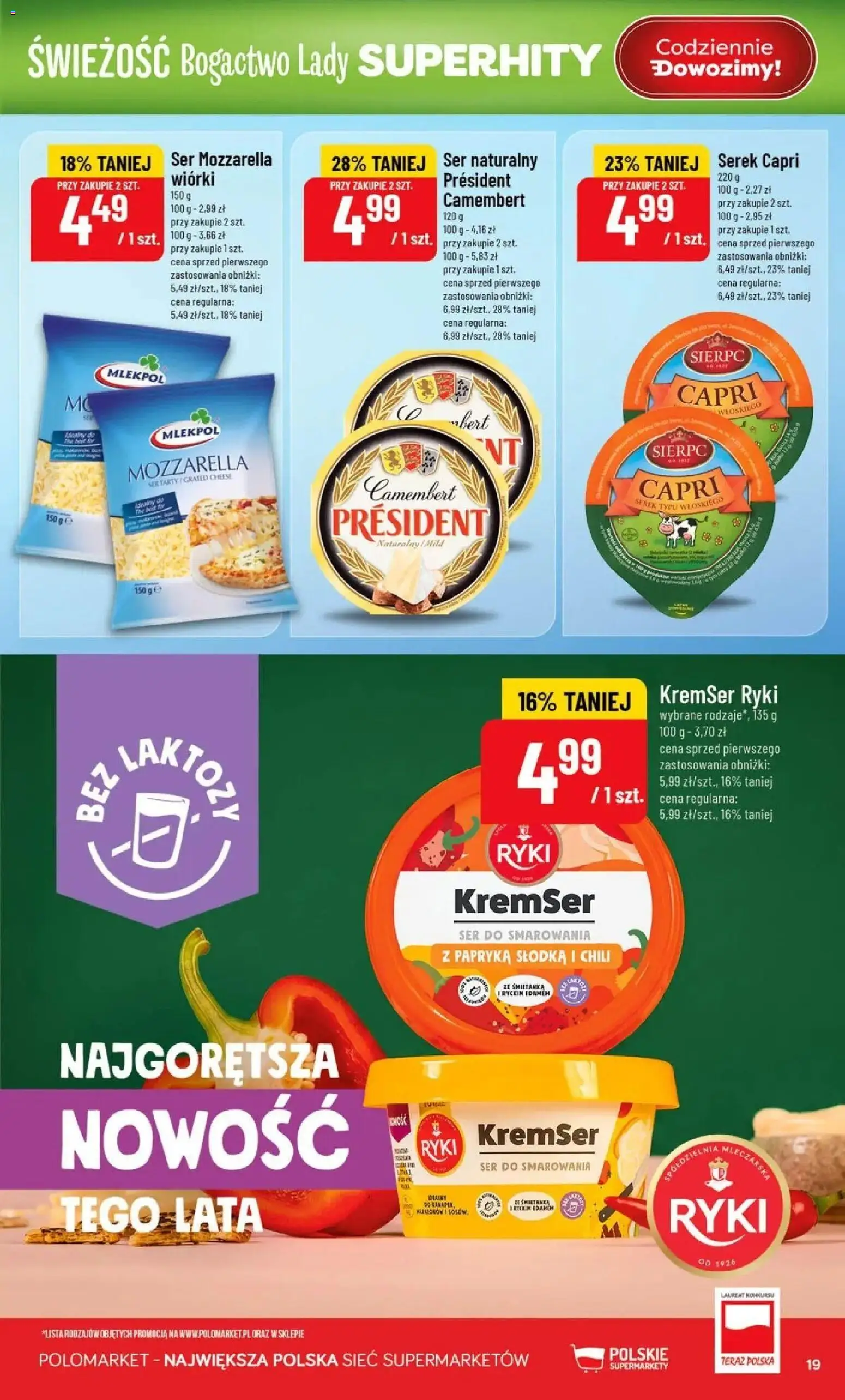 Nowa POLOmarket gazetka od jutra 19.08.2026 | Strona: 19 | Produkty: Serek, Papryka, Camembert, Ser