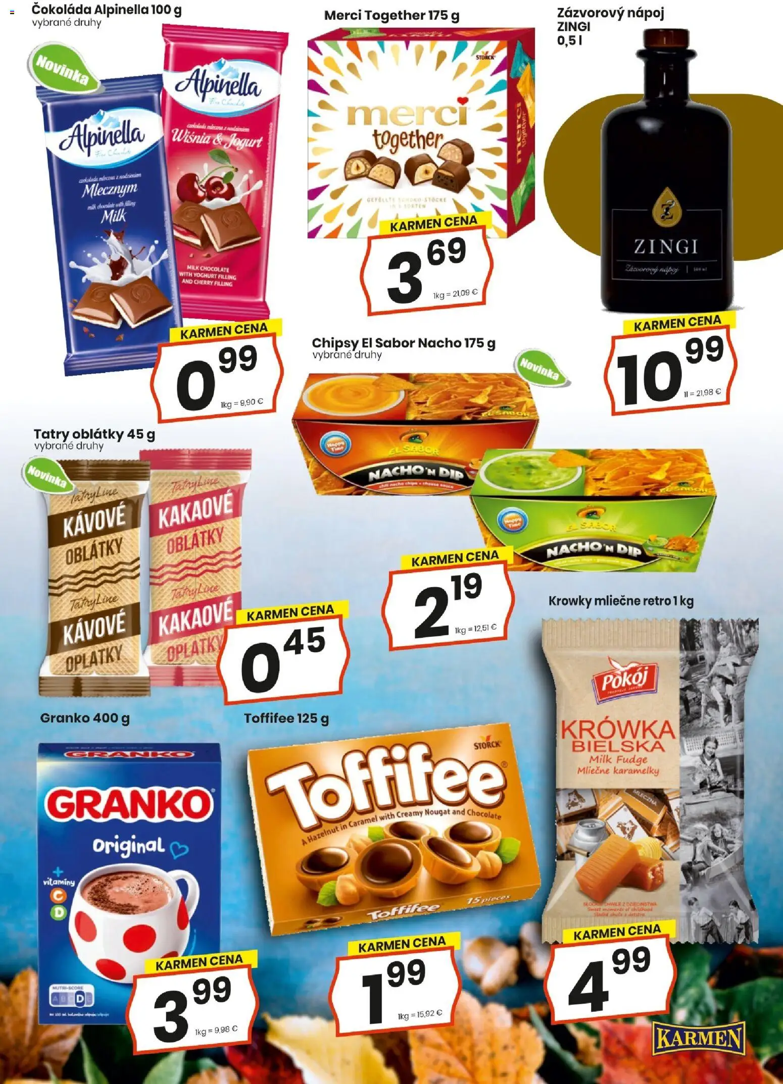 Nové KARMEN CBA akcie – leták je platný od 15.10.2026 | Strana: 2 | Produkty: Jogurt, Merci, Toffifee, Chipsy