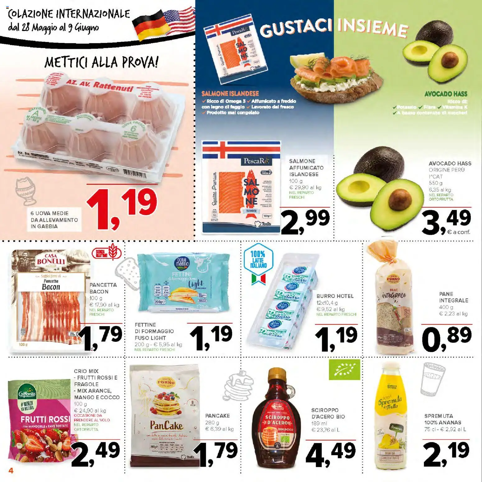 Volantino Todis del 28.05.2026 | Pagina: 4 | Prodotti: Pane, Salmone, Pancetta, Formaggio
