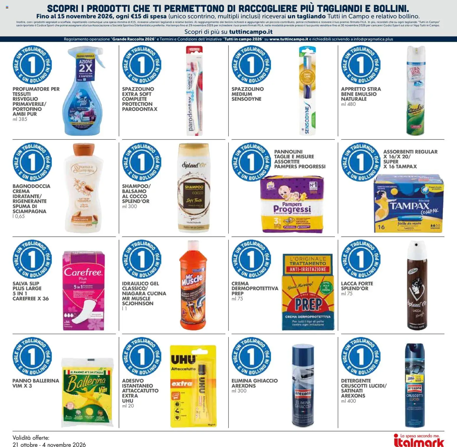 Volantino Italmark del 21/10/2026 | Pagina: 30 | Prodotti: Shampoo, Pannolini, Detergente, Assorbenti