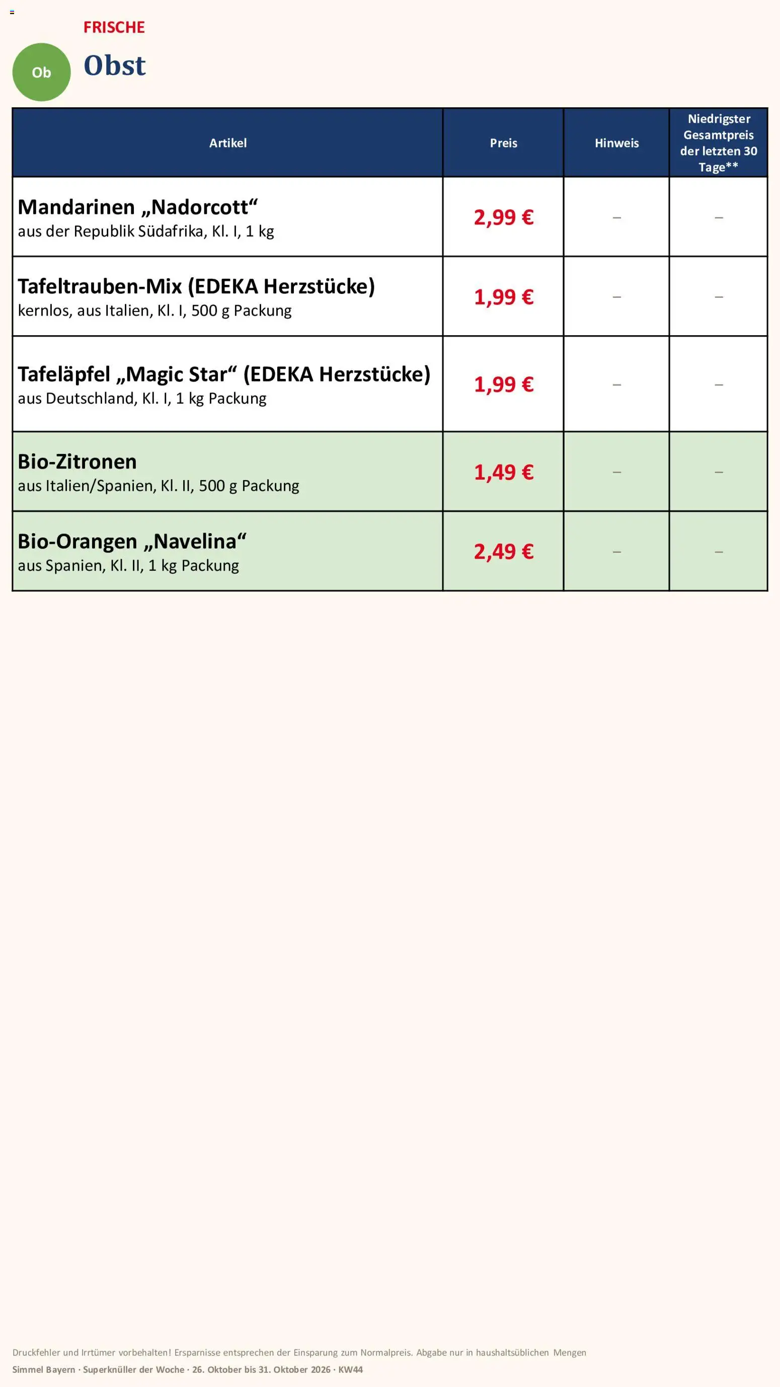 Simmel Bayern – gültig ab 26.10.2026 | Seite: 4 | Produkte: Mandarinen, Obst