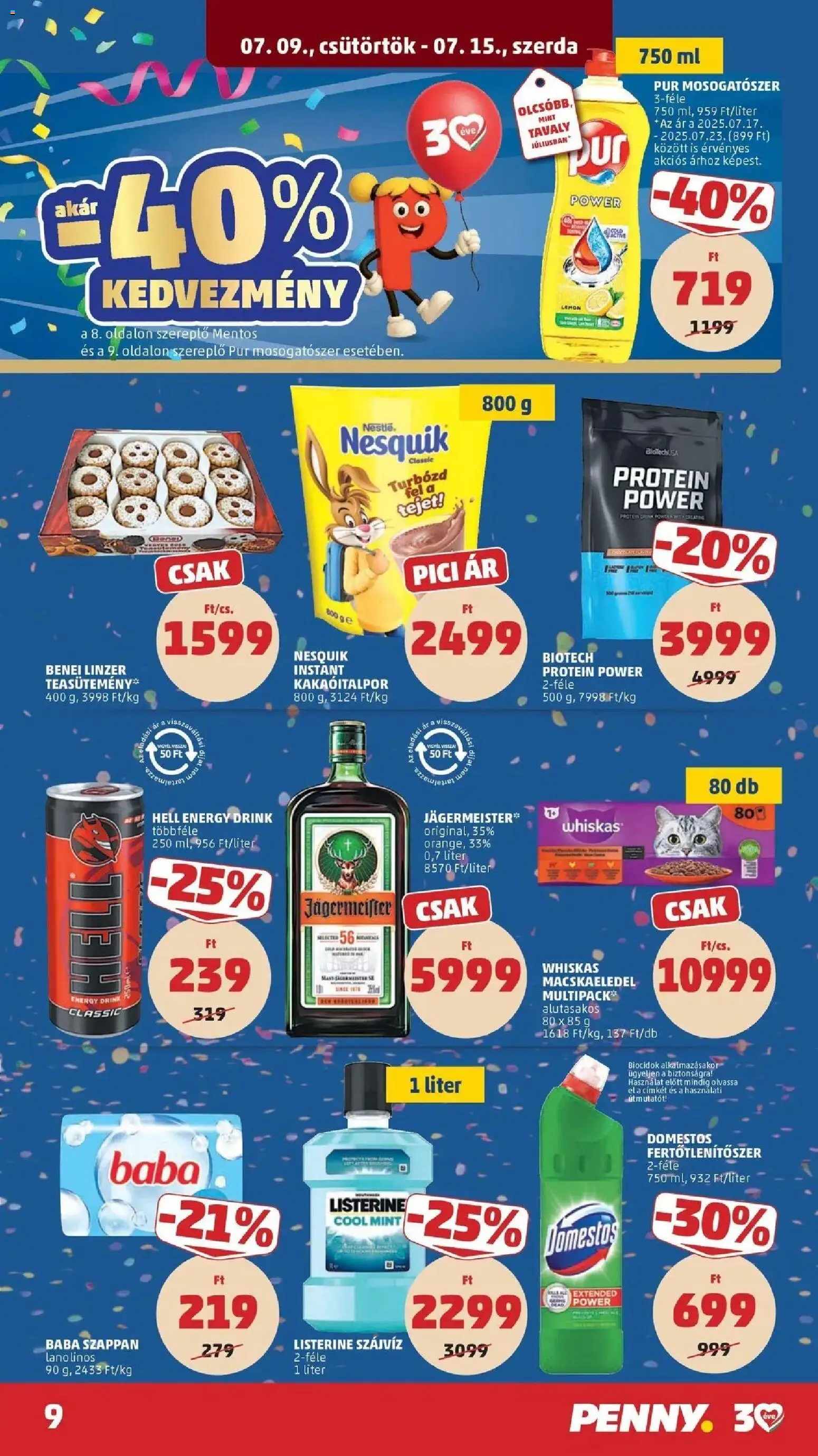 PENNY akciós ujság - amely érvényes a következő dátumtól: 2026.07.09. | Oldal: 9 | Termékek: Baba szappan, Whiskas, Protein, Nesquik