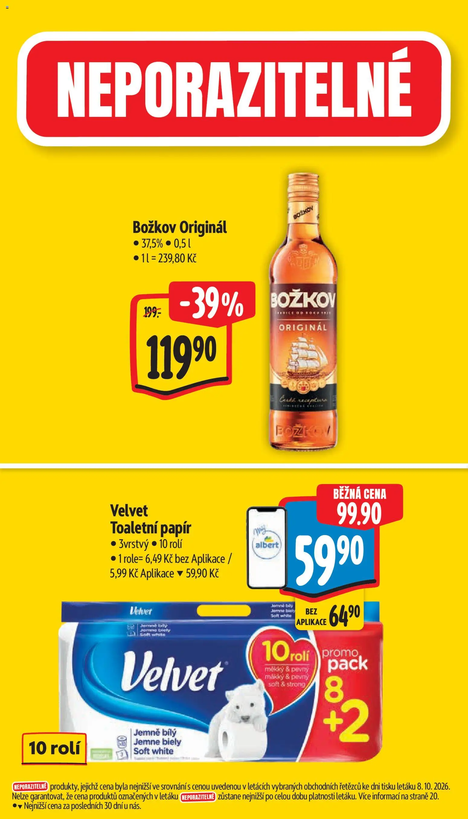 Albert leták - Supermarket Příbor od 14.10.2026 | Strana: 8 | Produkty: Toaletní papír, Velvet, Božkov, Božkov originál