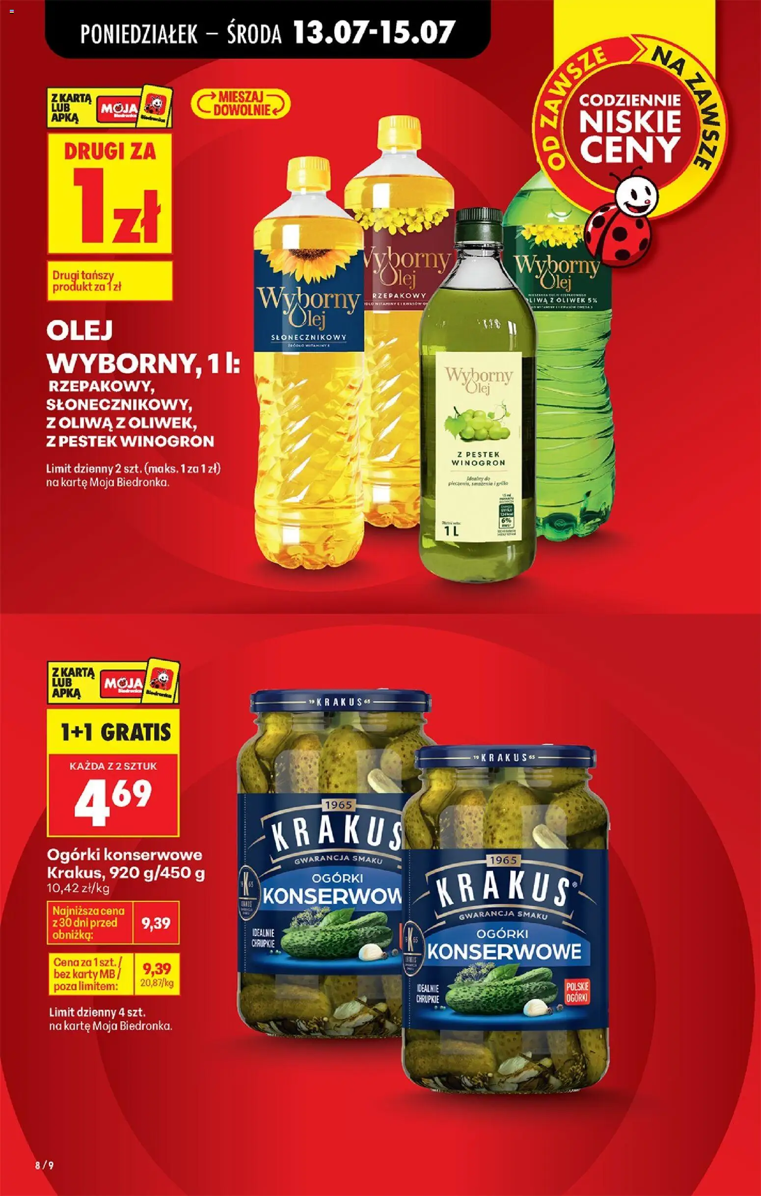 Biedronka gazetka od poniedziałku od 13.07.2026 | Strona: 8 | Produkty: Karta, Olej, Ogórki, Ogórki konserwowe
