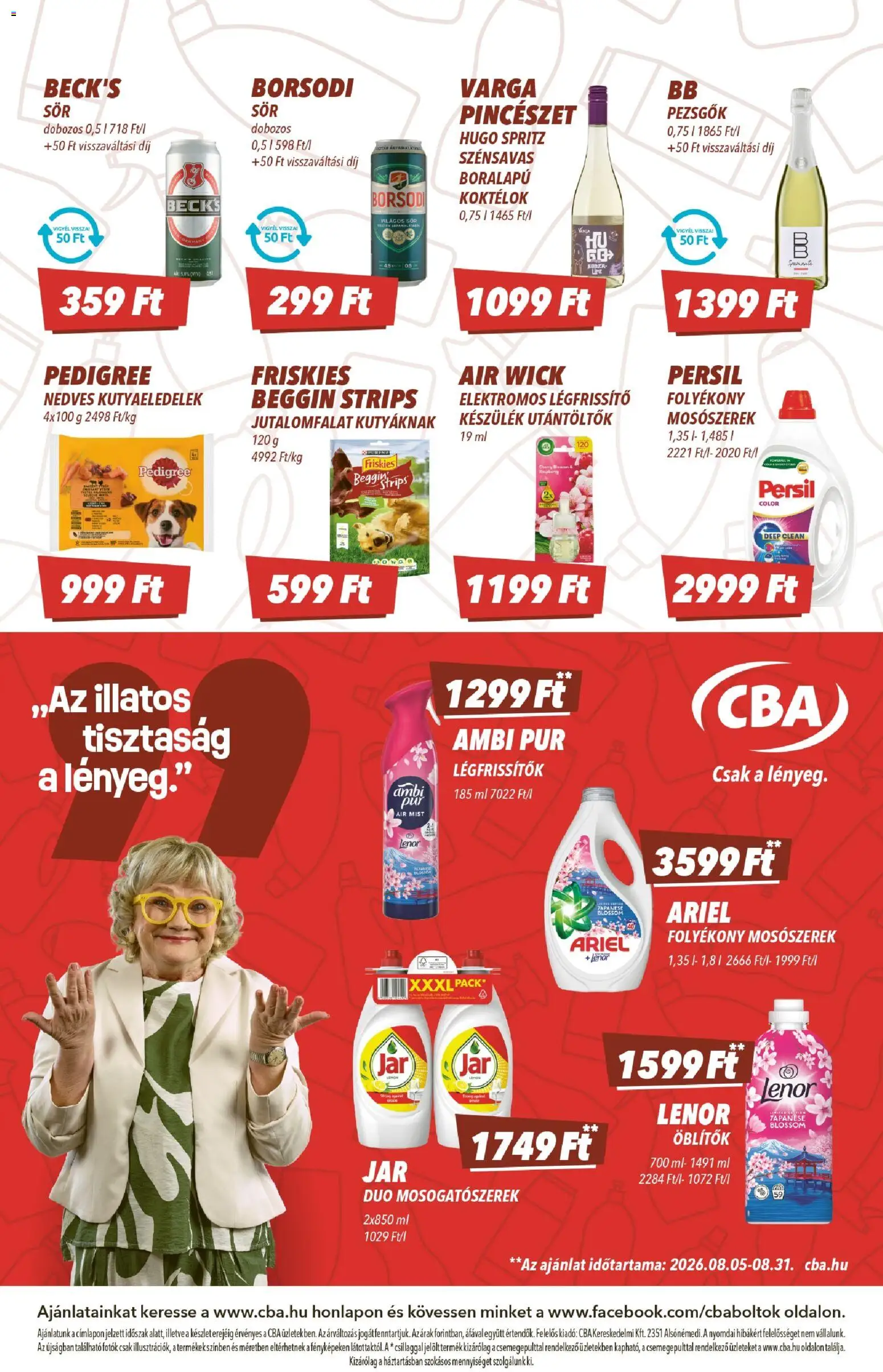 CBA akciós ujság - amely érvényes a következő dátumtól: 2026.08.21. | Oldal: 8 | Termékek: Ariel, Air Wick, Lenor, Ambi Pur