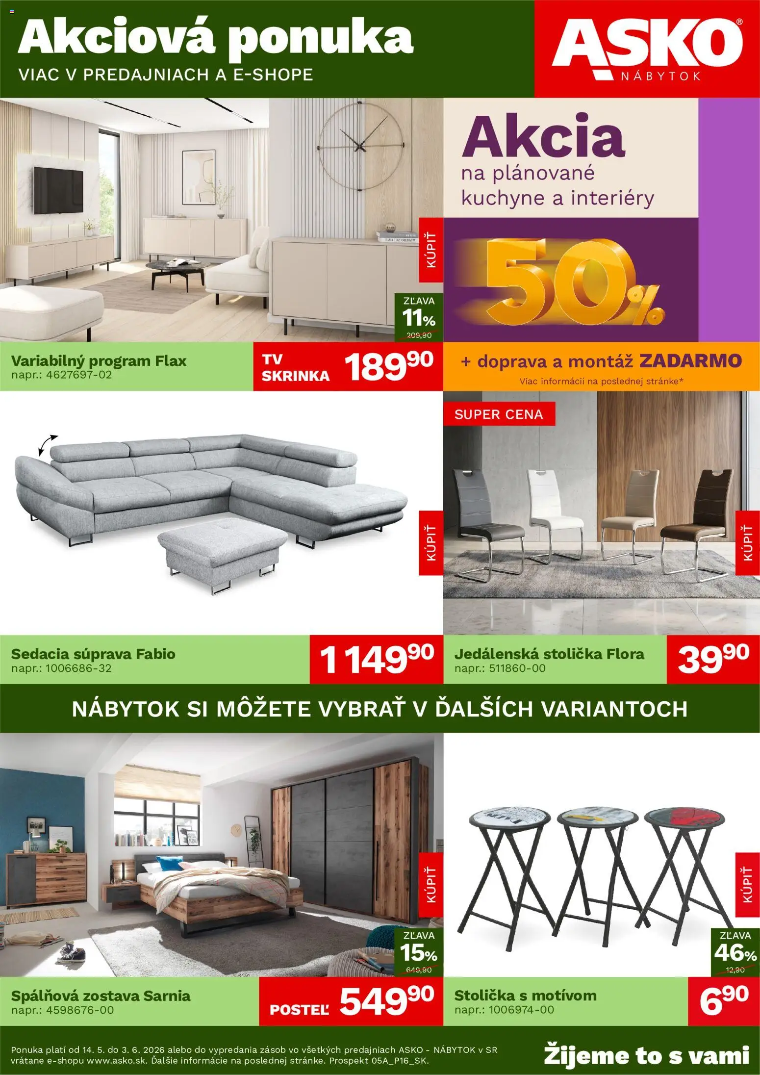 Nové ASKO nábytok akcie – leták je platný od 14.05.2026 | Strana: 1 | Produkty: Nábytok, Sedacia súprava, Jedálenská stolička, Skrinka