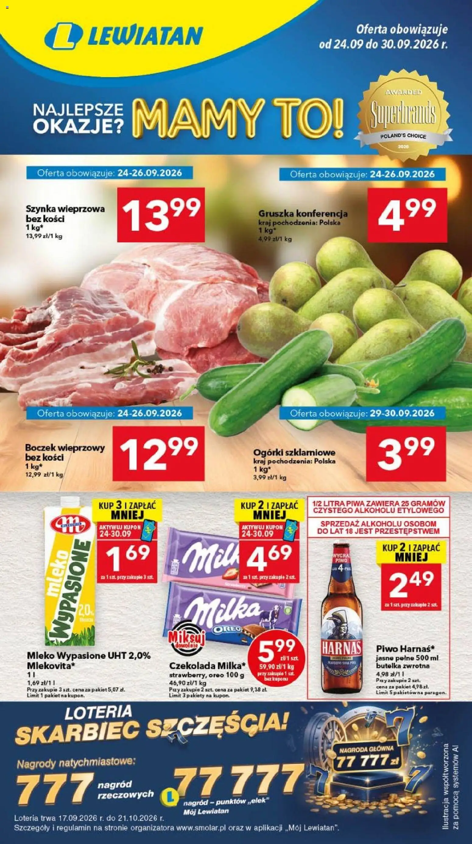 Lewiatan gazetka - Legnica od 24.09.2026 | Strona: 1 | Produkty: Boczek, Harnaś, Czekolada, Ogórki