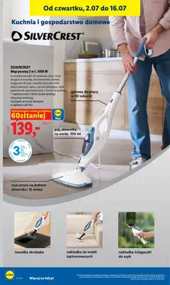 Pogląd oferty "SILVERCREST, Mop parowy 2 w 1, 1500 W, Mop parowy 2 w 1, 1500 W. W zestawie nasadki: do dywanów, duża i mała okrągła ze szczotką, do narożników, skrobak, ściągaczka do szyb, nasadka dyszy do mebli tapicerowanych, dysza, wąż przedłużający, lejek, pojemnik do napełniania oraz 2 ścierki do podłogi. Pojemność zbiornika na wodę: 350 ml. Czas pracy na jednym zbiorniku: 15 minut. Gotowy do pracy w 30 sekund." - ważna od 02.07.2026 | Strona: 30