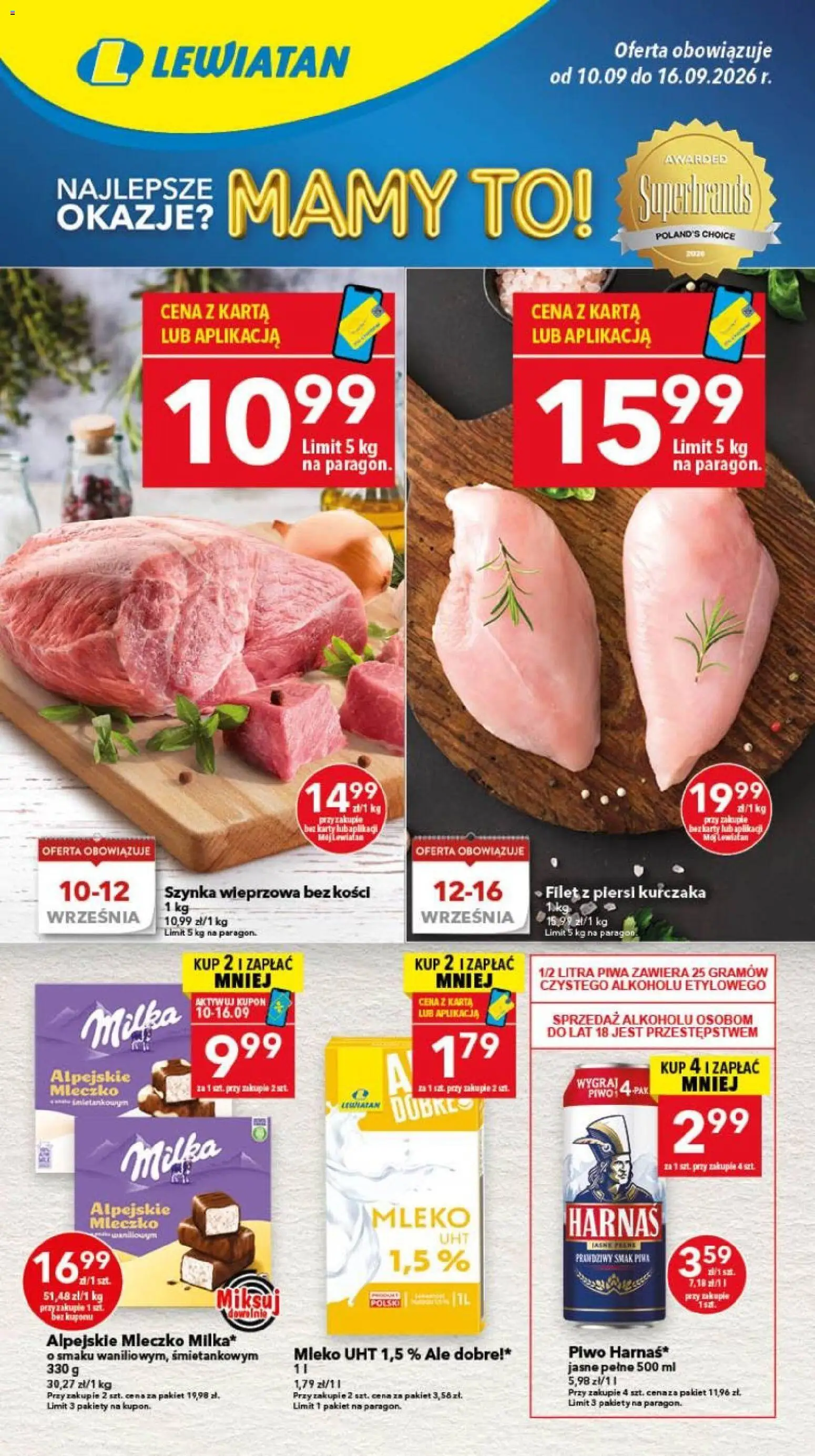 Lewiatan gazetka - Gdańsk od 10.09.2026 | Strona: 1 | Produkty: Piersi, Szynka, Mleko UHT, Filet z piersi kurczaka