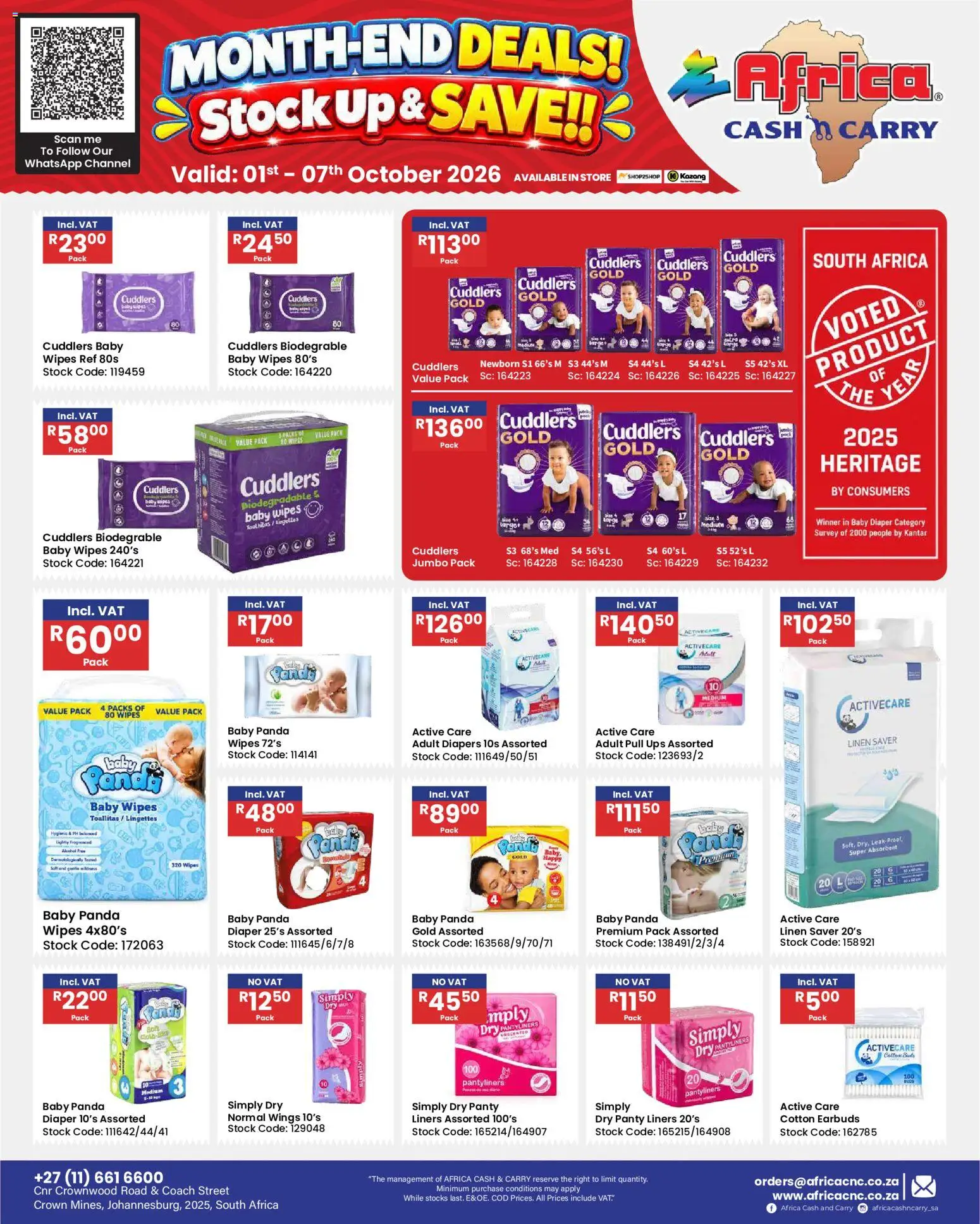 New Africa Cash & Carry catalogue – valid from 01/10/2026 | Page: 72 | Products: Earbuds, Diapers, Stock, Panty liners