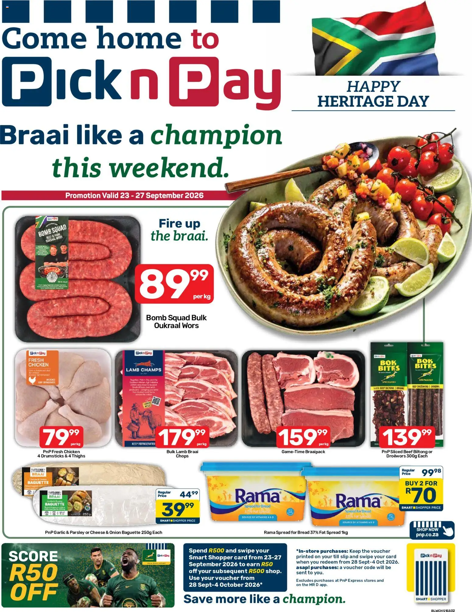New Pick n Pay catalogue – valid from 23/09/2026 | Page: 1 | Products: Bread, Baguette, Thighs, Garlic