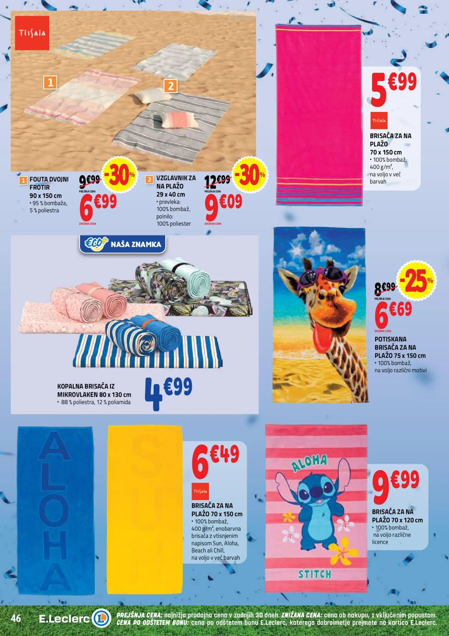 Novi E.leclerc katalog ponudbe – veljaven od 03.06.2026 | Stran: 46 | Izdelki: Brisača, Kopalna brisača, Vzglavnik, Prevleka