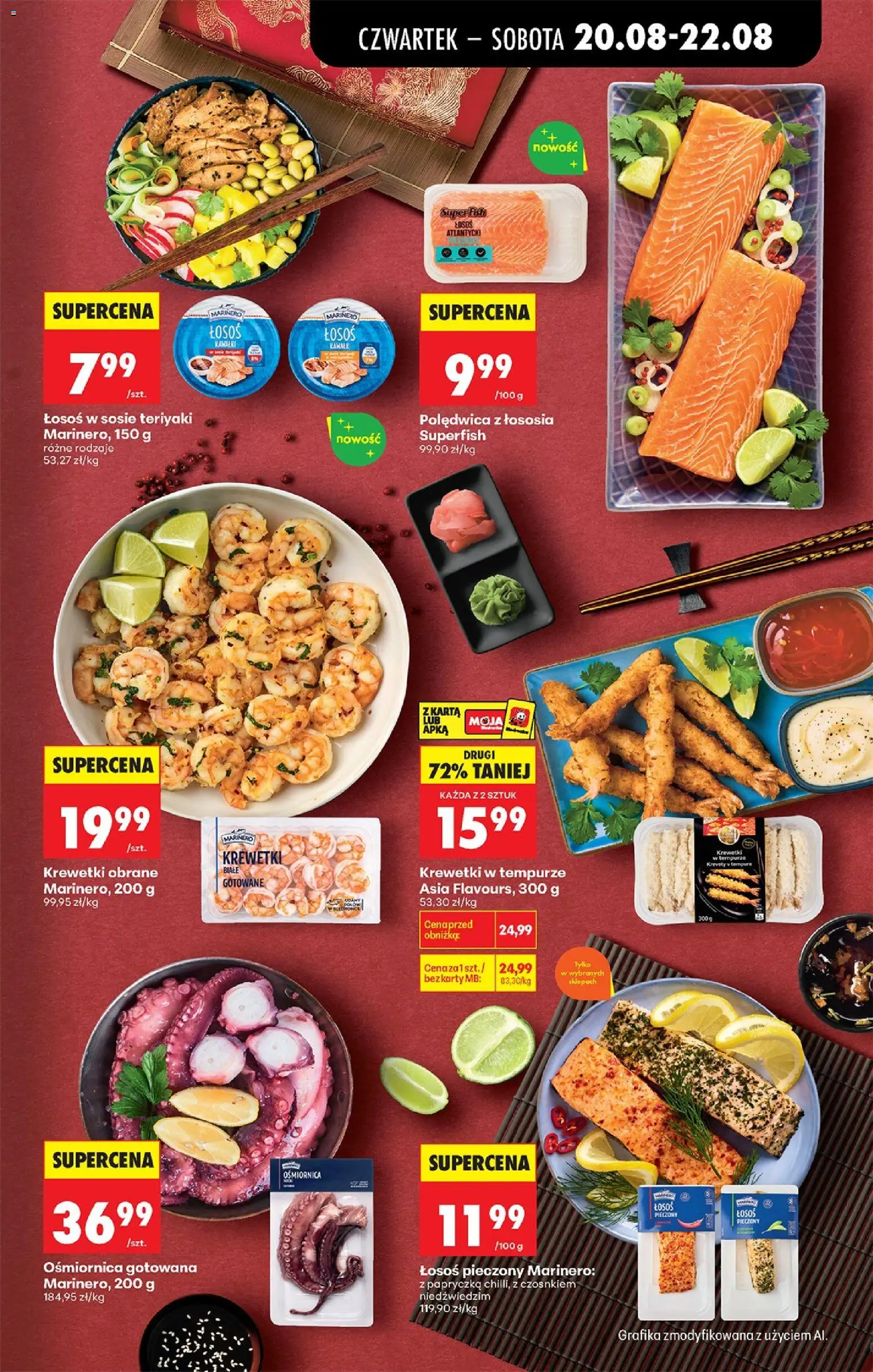 Biedronka gazetka od czwartku od 20.08.2026 | Strona: 45 | Produkty: Łosoś atlantycki, Krewetki, Krewetki w tempurze, Łosoś