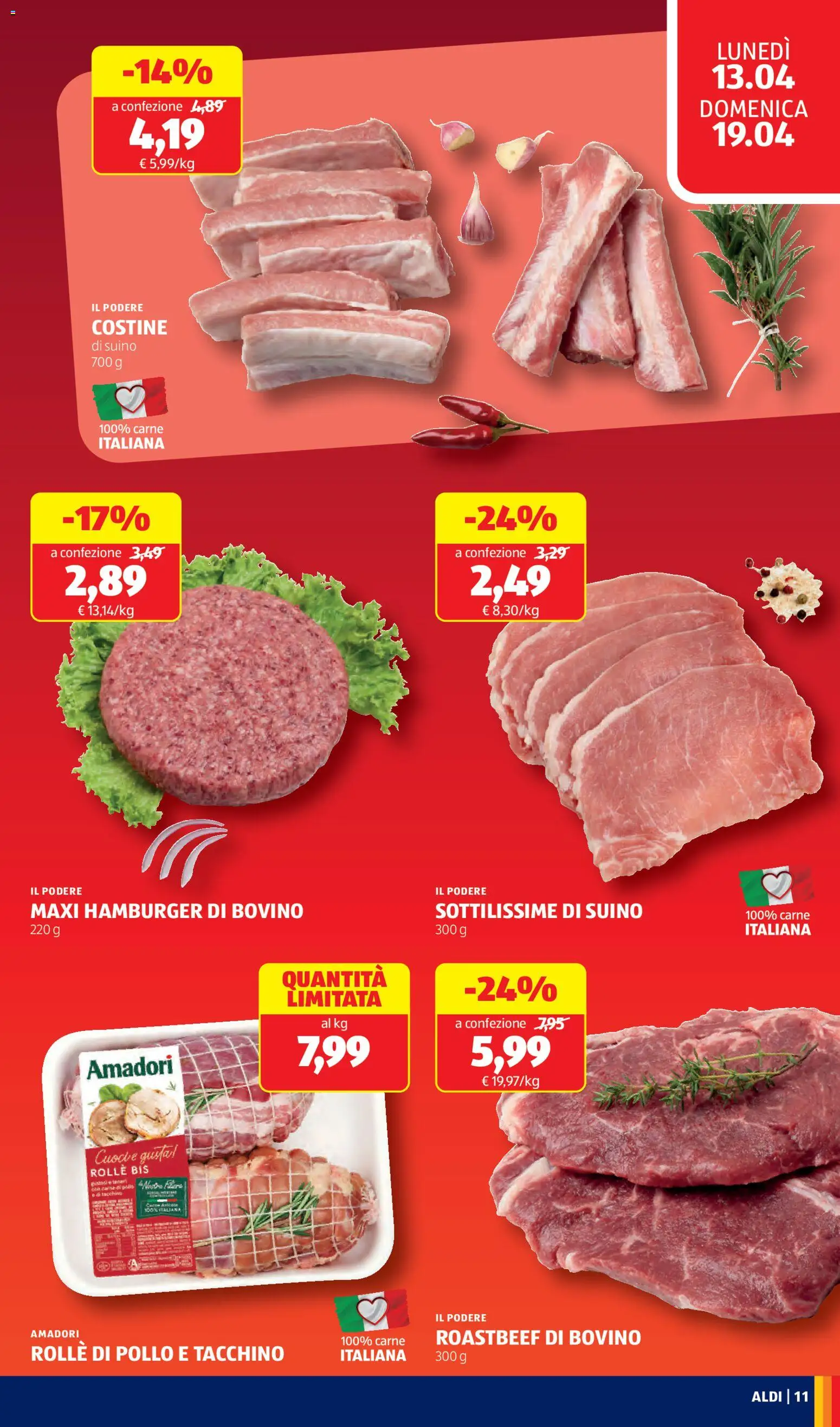 Volantino Aldi del 13.04.2026 | Pagina: 11 | Prodotti: Pollo, Suino, Tacchino, Hamburger
