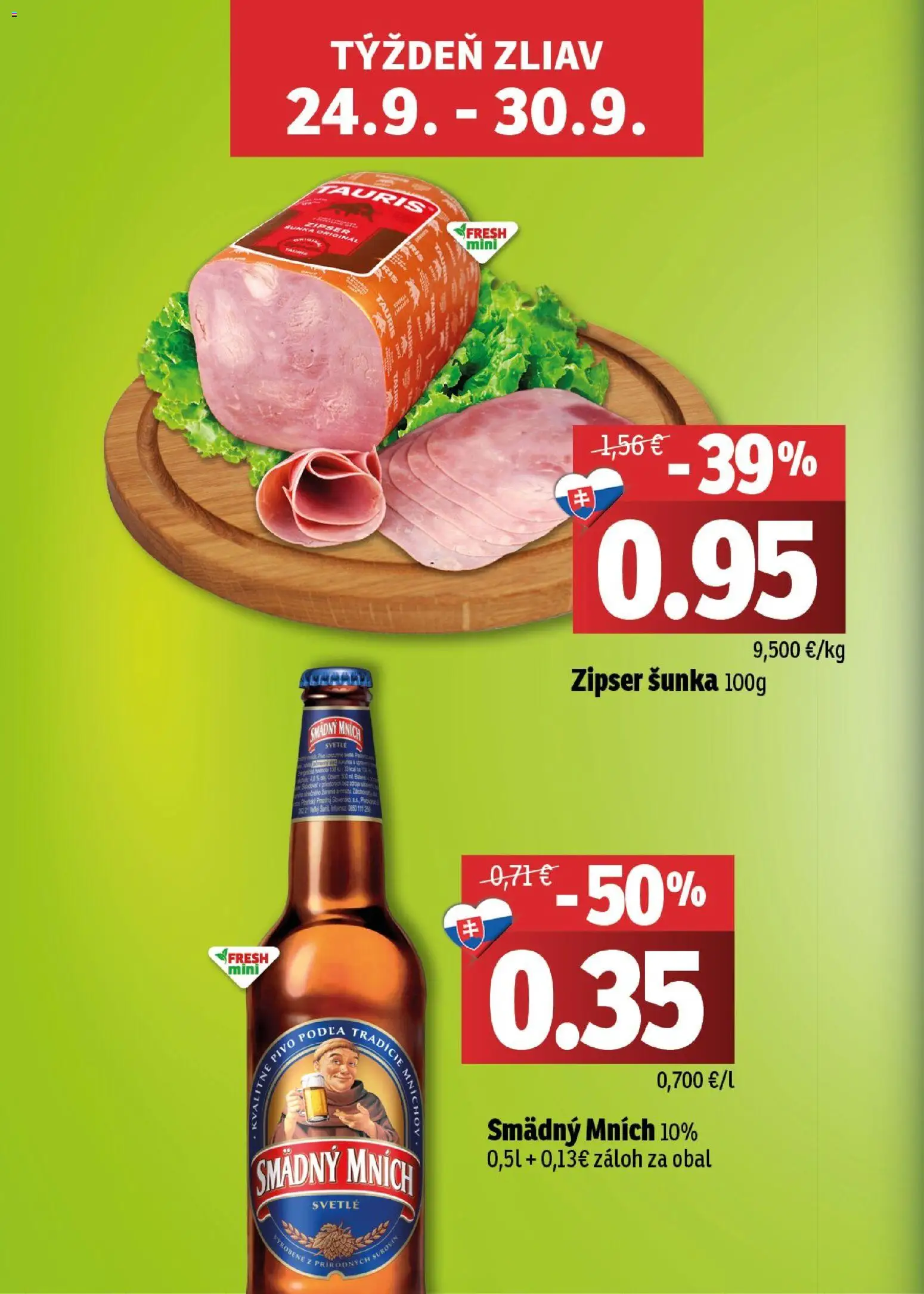 Nové Fresh akcie – leták je platný od 24.09.2026 | Strana: 2 | Produkty: Pivo, Šunka, Smädný Mních