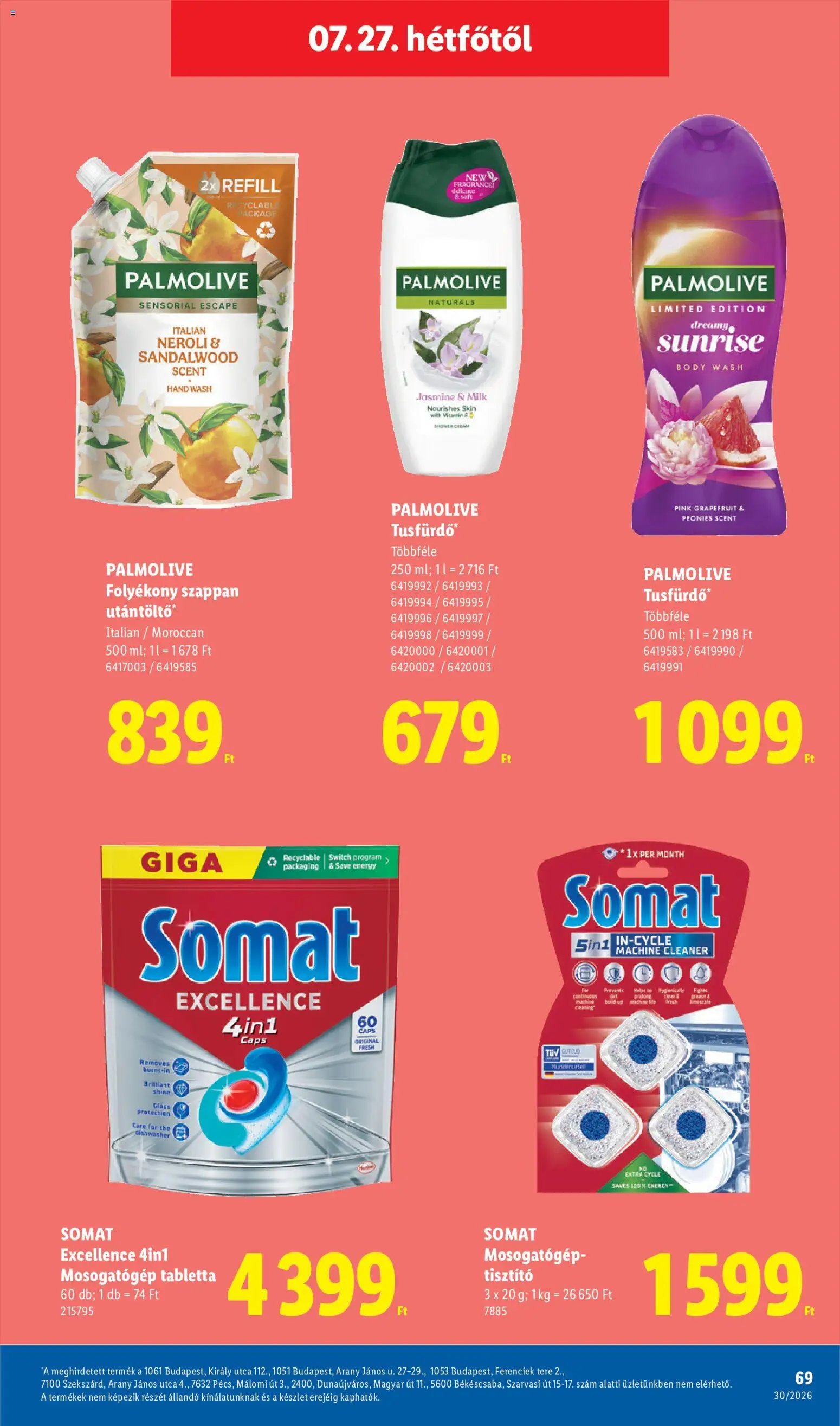 Lidl akciós ujság - amely érvényes a következő dátumtól: 2026.07.23. | Oldal: 69 | Termékek: Tisztító, Somat, Mosogatógép tabletta, Gél