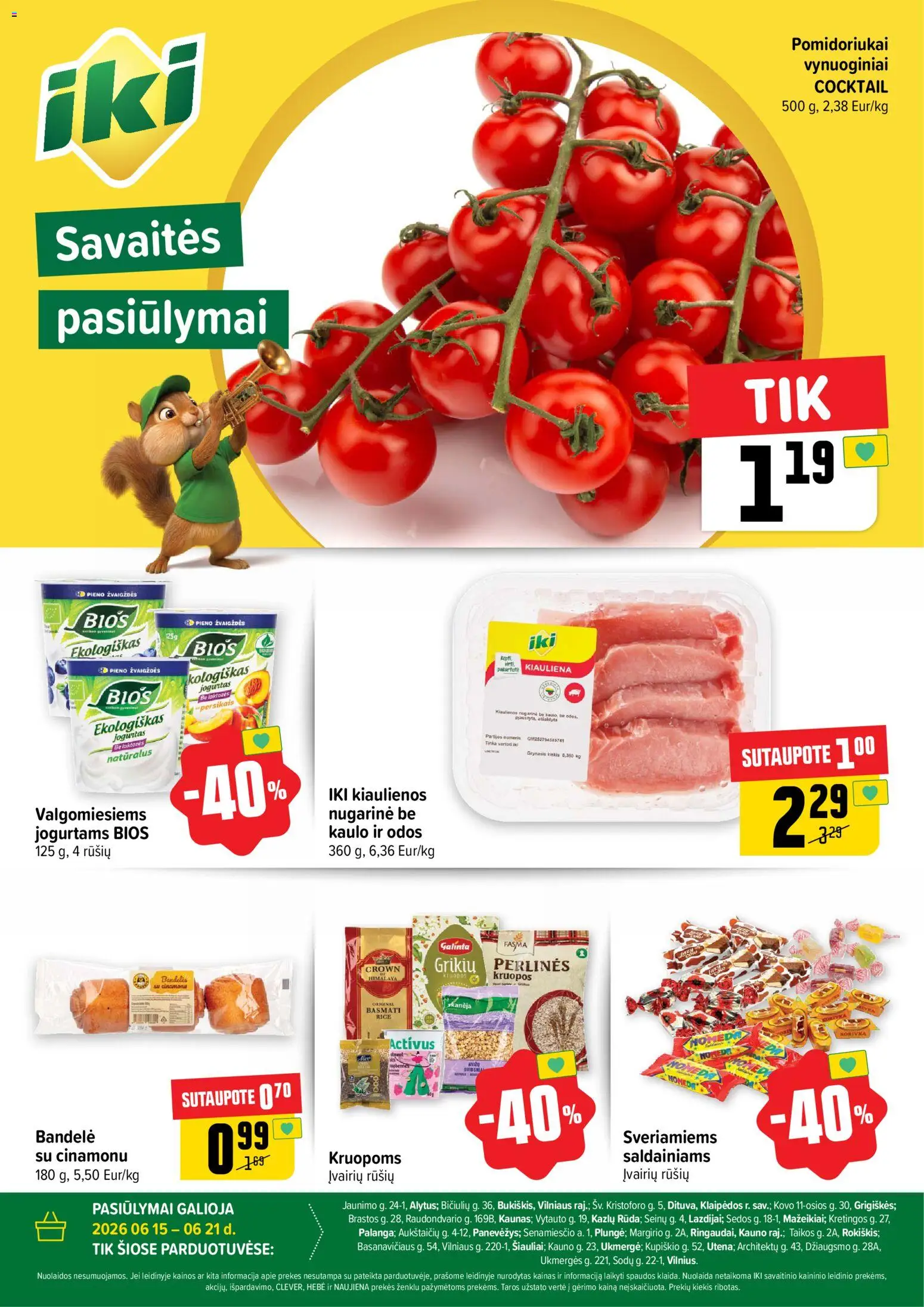IKI akcijos nuo 15.06.2026 | Puslapis: 1 | Prekių: Kiaulienos, Kruopos, Bandelė, Jogurtas