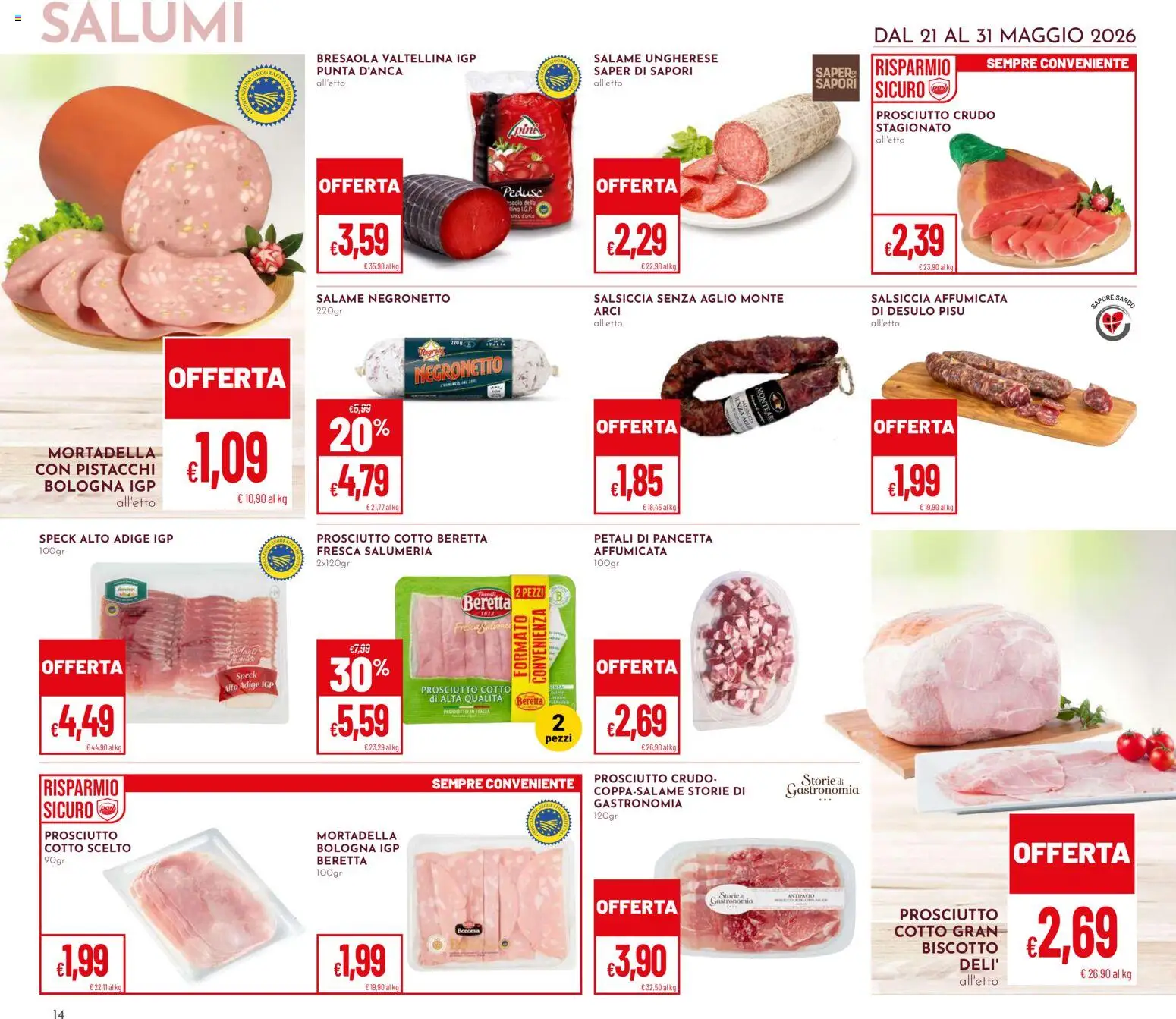 Volantino Pan del 21.05.2026 | Pagina: 14 | Prodotti: Prosciutto Cotto, Salame, Salsiccia, Aglio