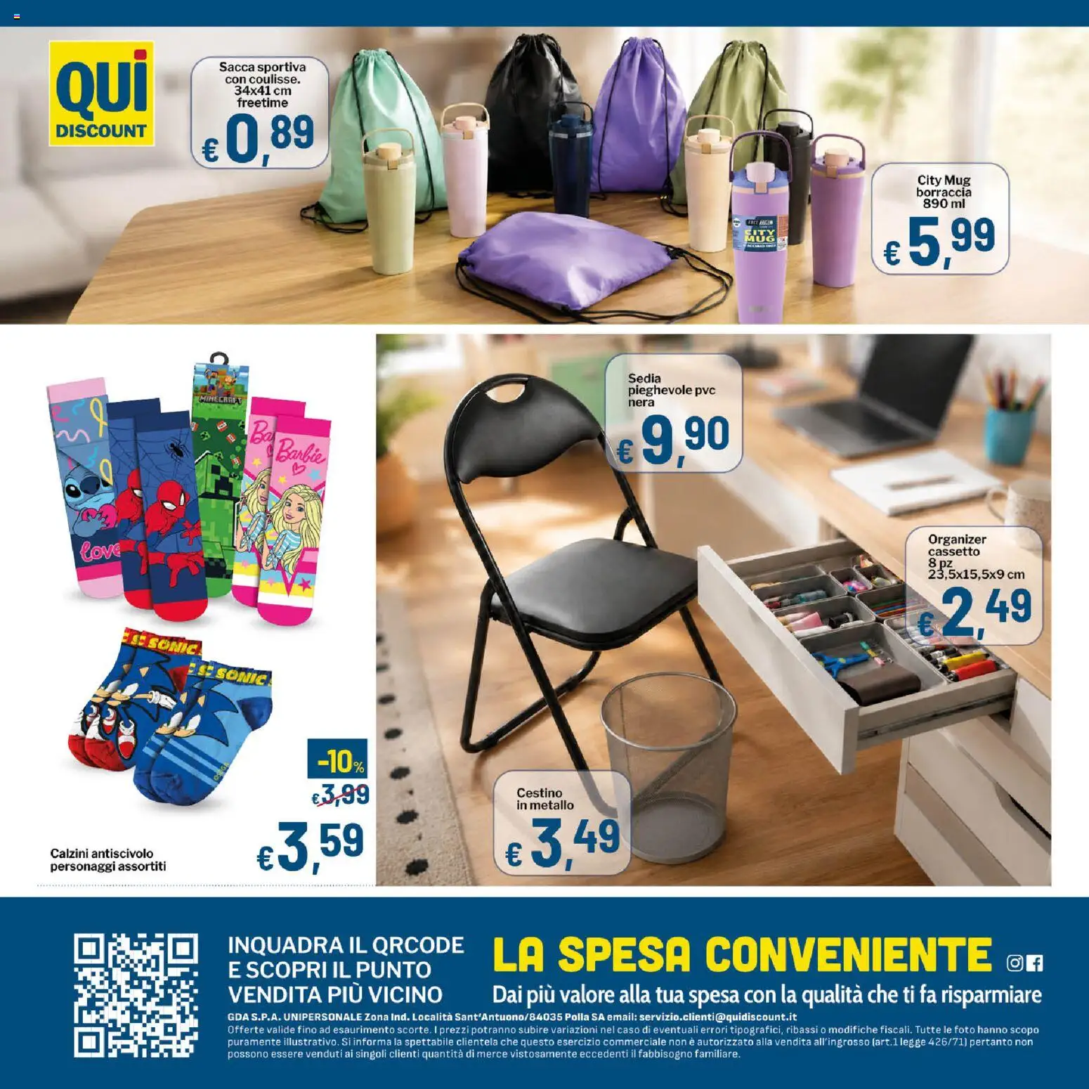 Volantino Qui Discount del 25/08/2026 | Pagina: 12 | Prodotti: Sedia pieghevole, Borraccia, Sedia, Cestino