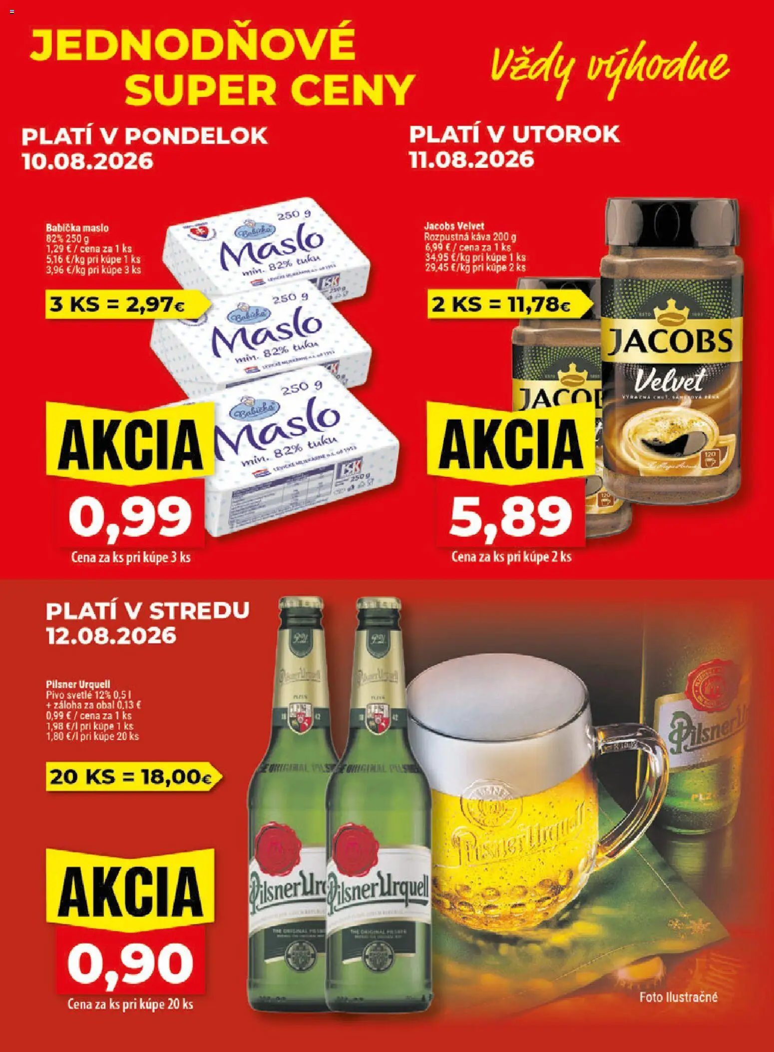 Nové Klas akcie – leták je platný od 10.08.2026 | Strana: 2 | Produkty: Jacobs Velvet, Pivo, Pilsner Urquell, Káva