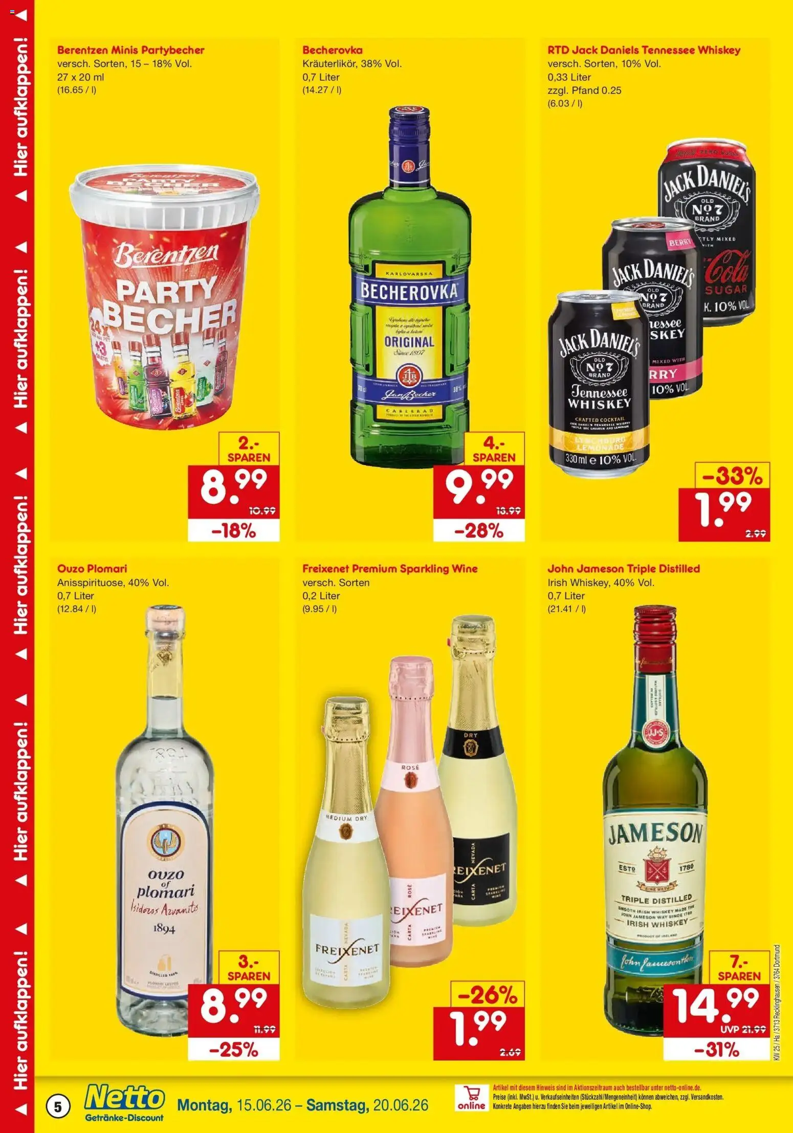 Netto Marken-Discount Prospekt Recklinghausen – gültig ab 15.06.2026 | Seite: 5 | Produkte: Jack Daniel's, Jameson, Whiskey, Ouzo plomari