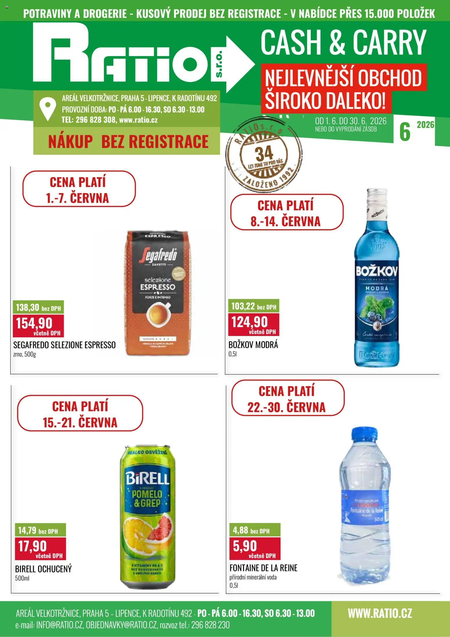 Ratio leták od 01.06.2026 | Strana: 1 | Produkty: Voda, Birell, Grep, Segafredo