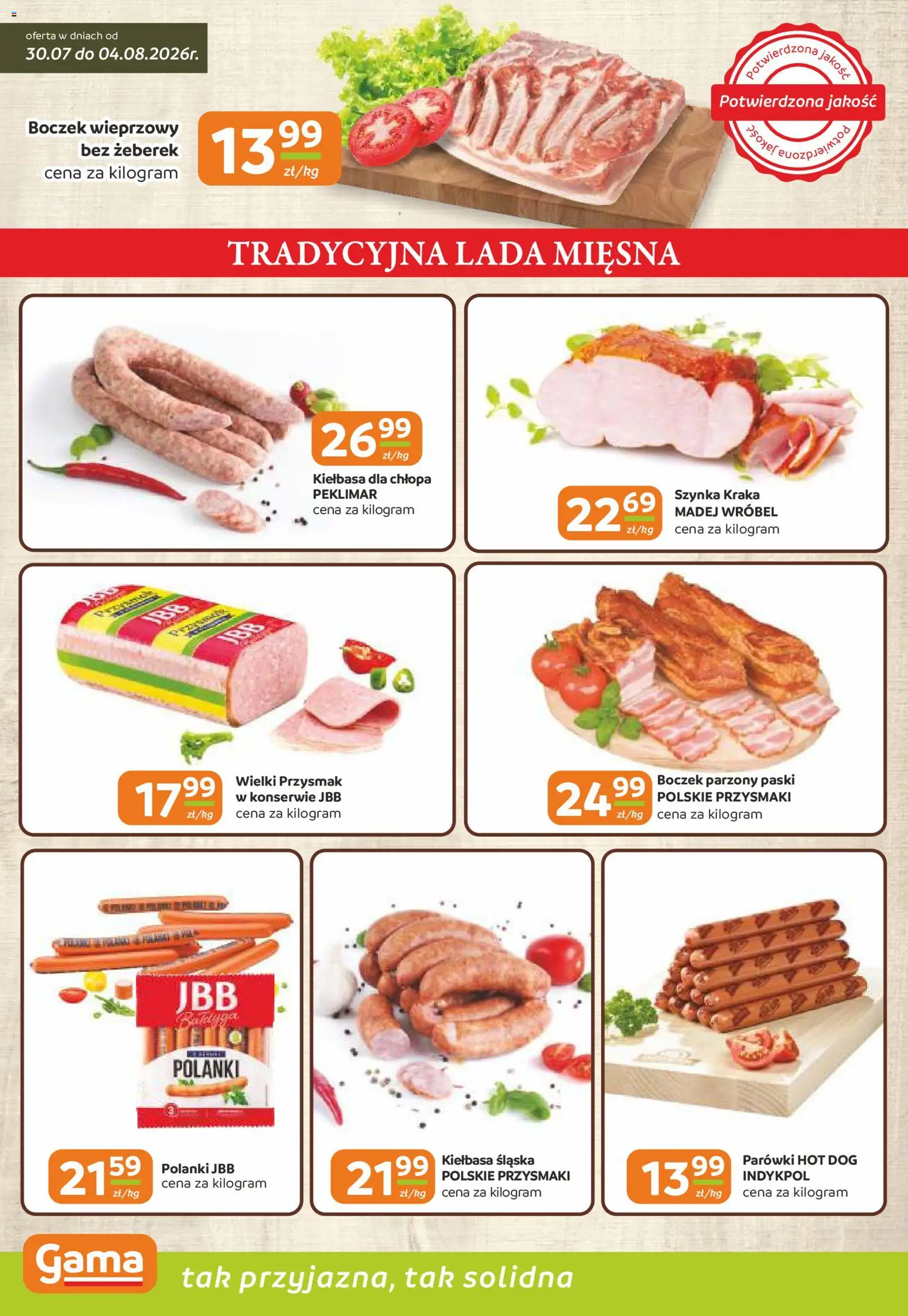 Gama gazetka od 30.07.2026 | Strona: 2 | Produkty: Kiełbasa, Boczek wieprzowy, Szynka, Boczek parzony