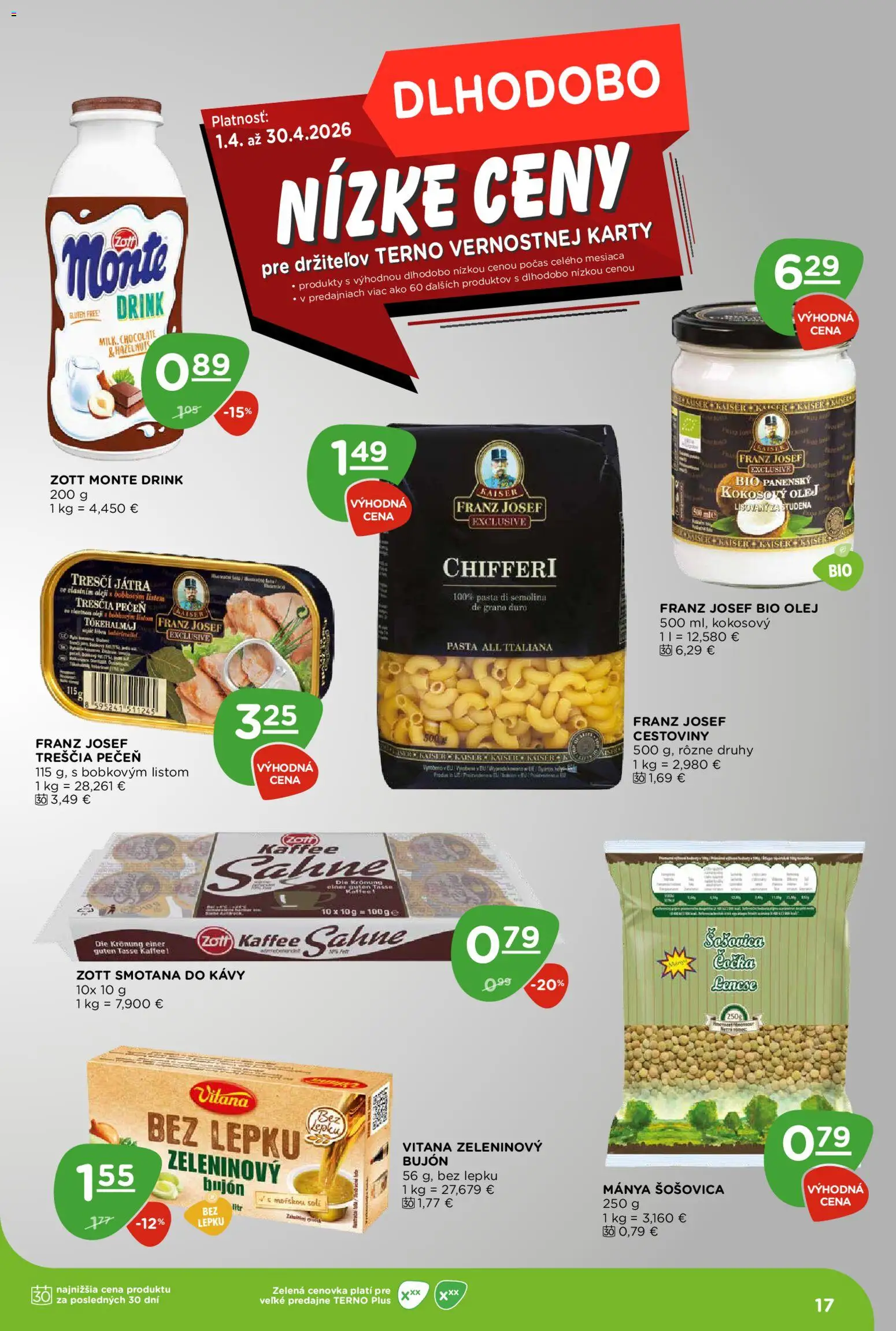 Nové Terno akcie – leták je platný od 23.04.2026 | Strana: 17 | Produkty: Olej, Bujón, Cestoviny, Smotana