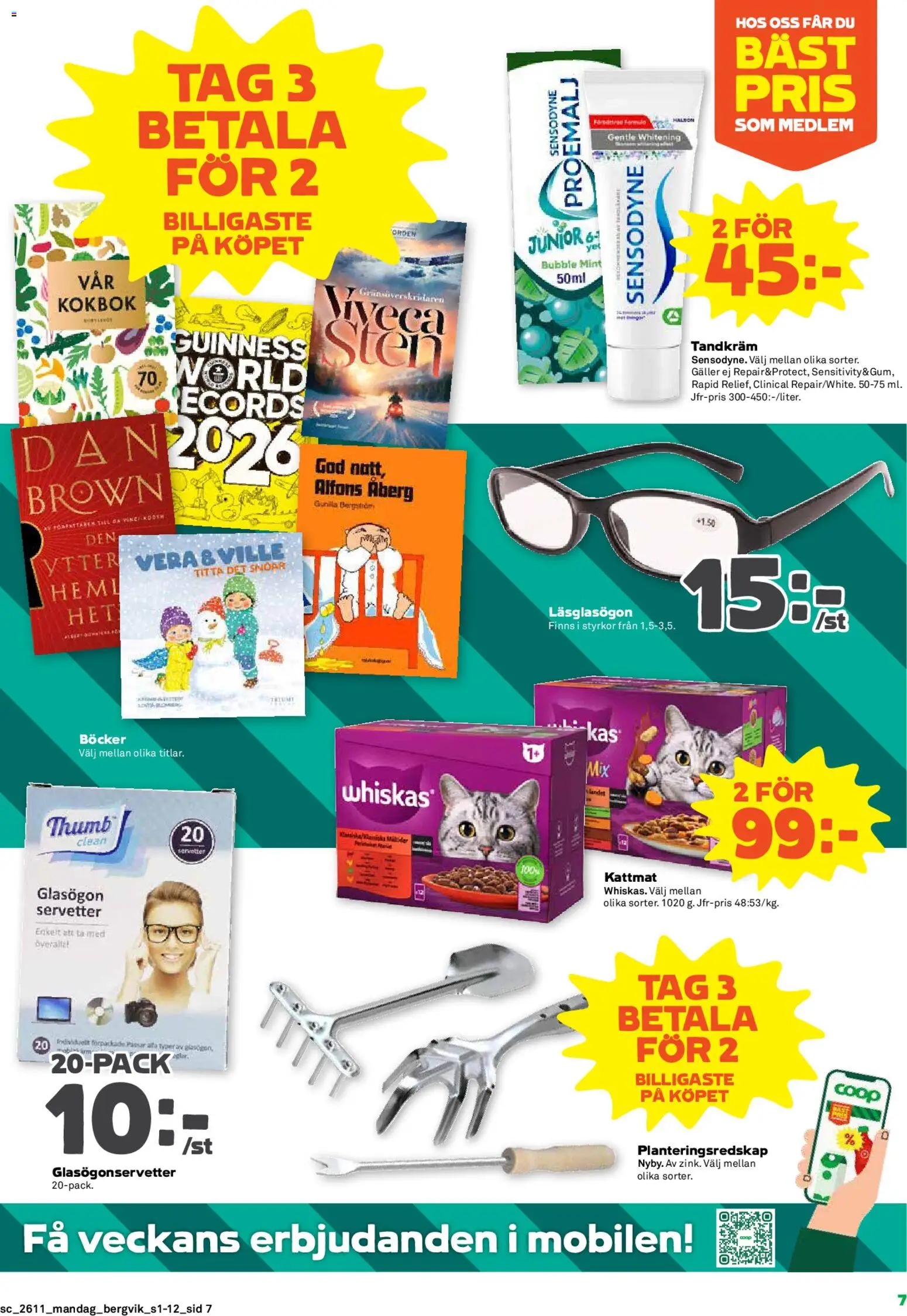 Stora Coop reklamblad aktuell från 09.03.2026 | Sida: 7 | Produkter: Tandkräm, Kattmat, Glasögon, Servetter