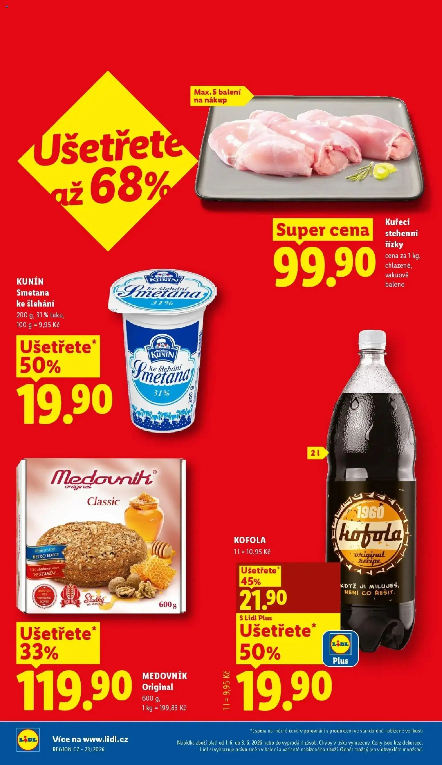Lidl aktuální leták od 01.06.2026 | Strana: 2 | Produkty: Kuřecí stehenní řízky, Smetana, Medovník, Kofola