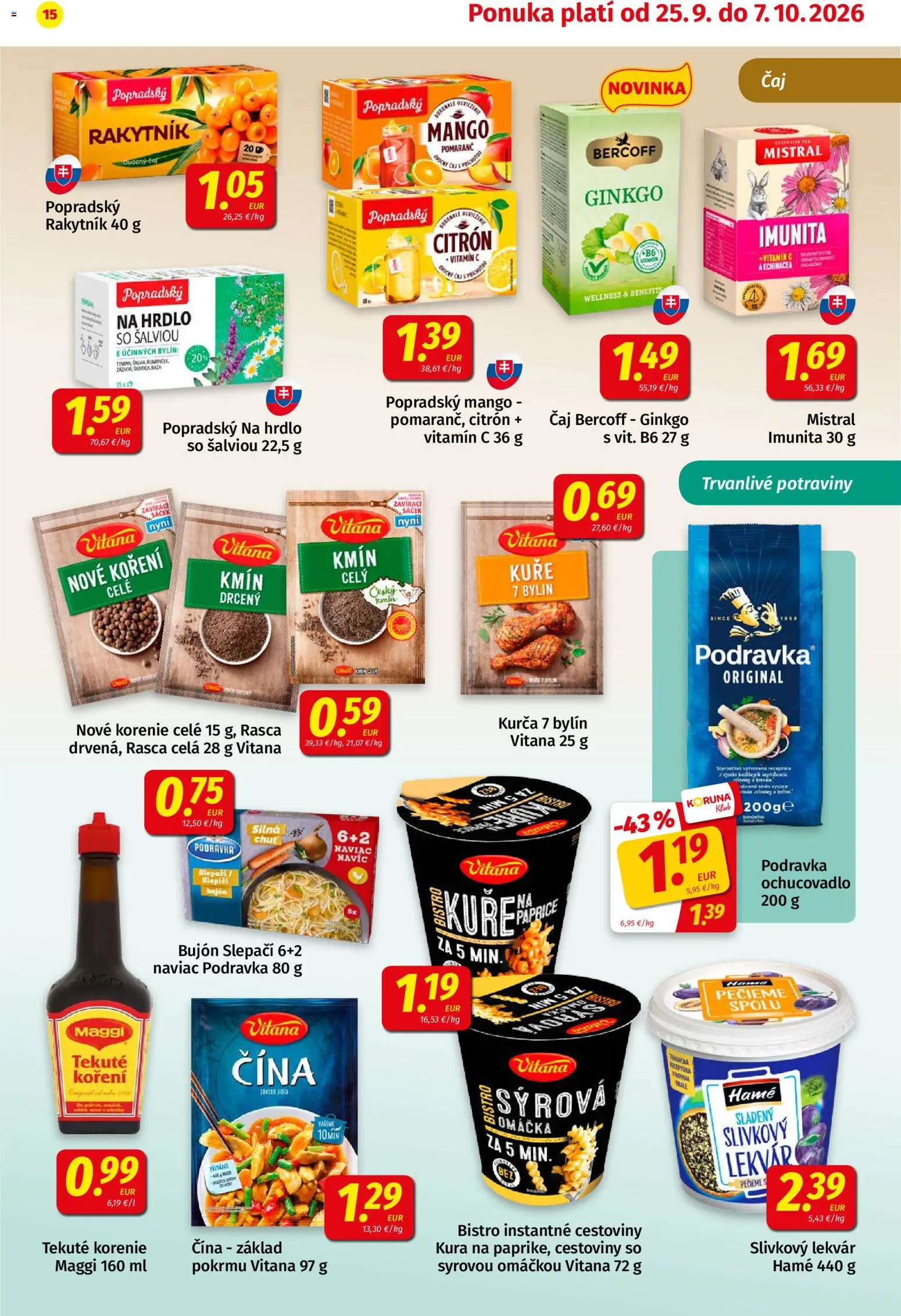 Nové Koruna akcie – leták je platný od 25.09.2026 | Strana: 15 | Produkty: Bujón, Čaj, Mango, Kurča