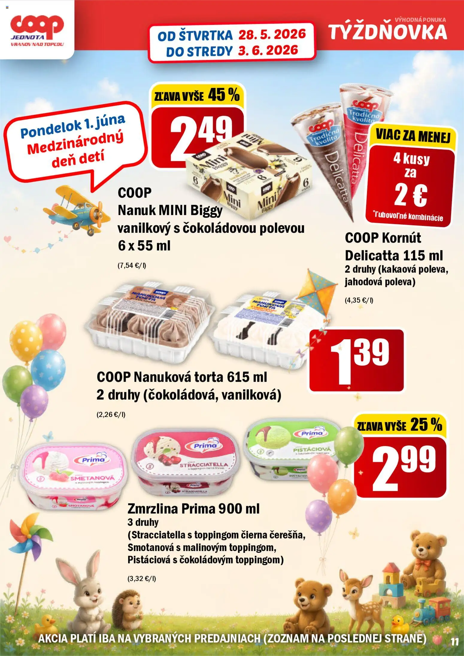 Nové COOP Jednota akcie – leták je platný od 28.05.2026 | Strana: 11 | Produkty: Nanuk, Zmrzlina, Torta