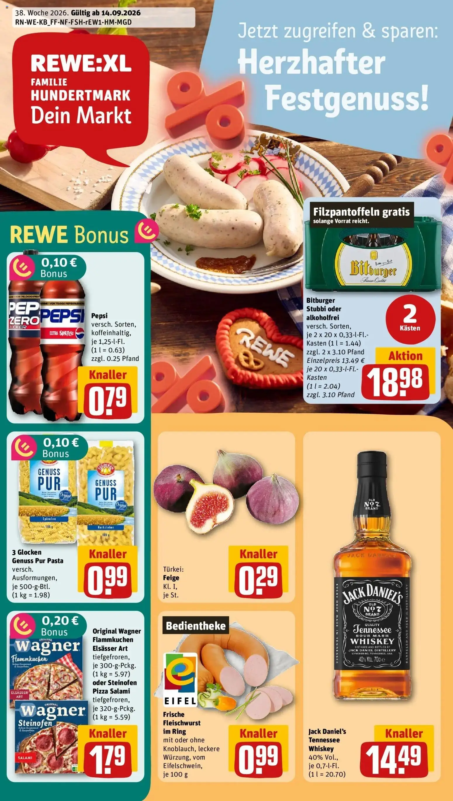 REWE Prospekt ab 14.09.2026 zum Blättern » Angebote | Seite: 1 | Produkte: Jack Daniel's, Salami, Pizza, Whiskey