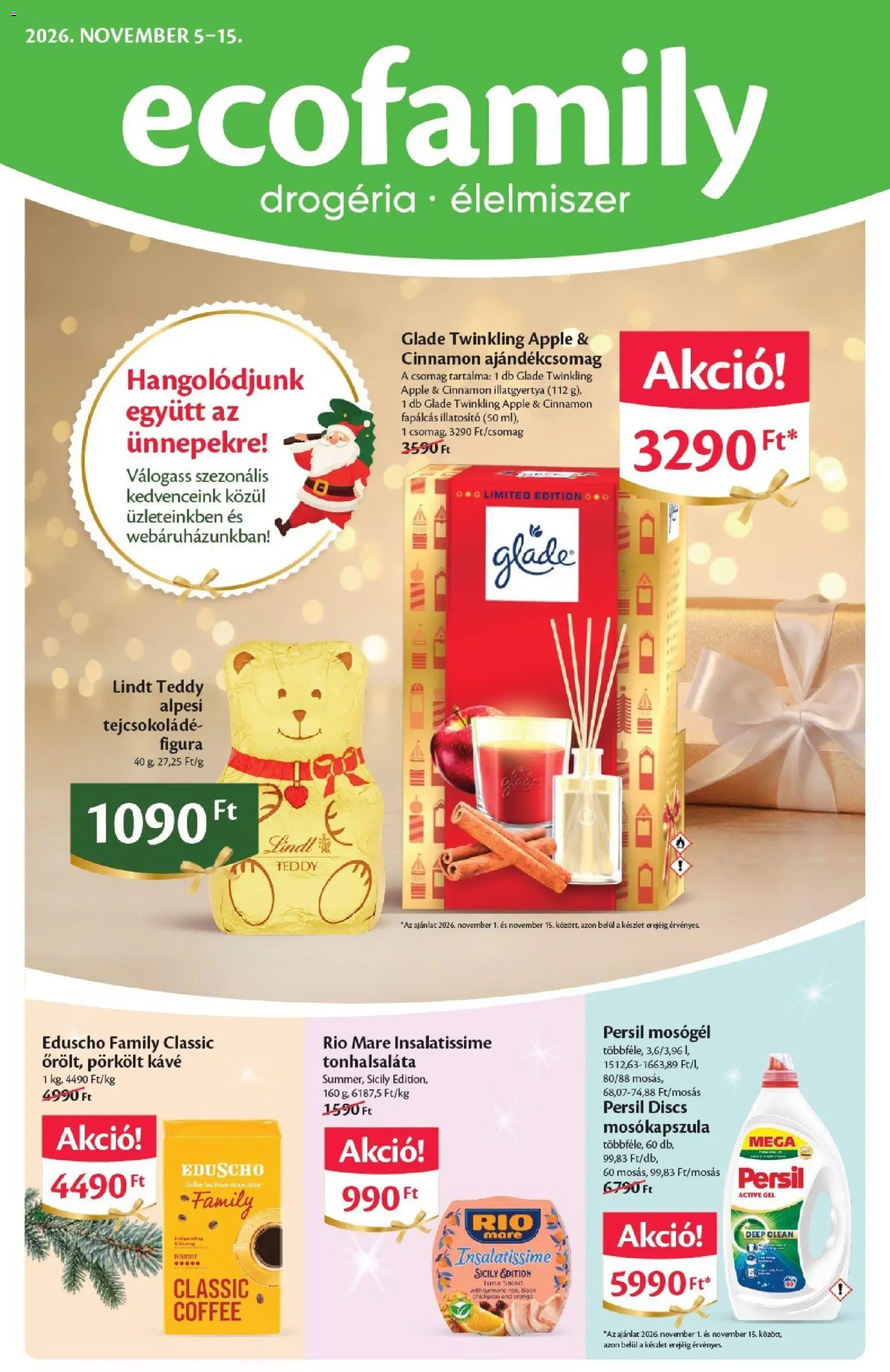 Ecofamily akciós ujság - amely érvényes a következő dátumtól: 2026.11.05. | Oldal: 1 | Termékek: Tonhalsaláta, Lindt, Mosókapszula, Gél
