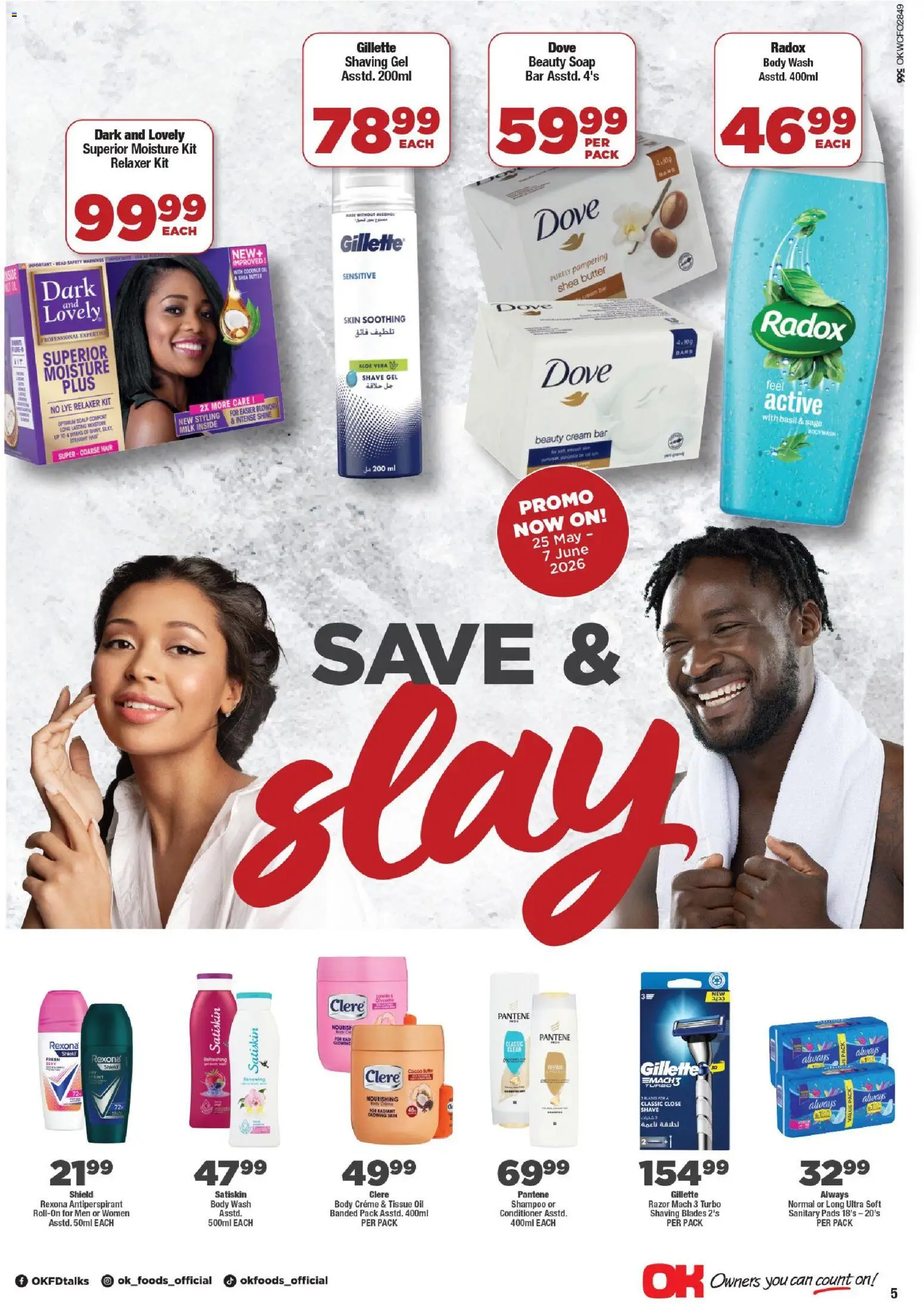 New OK Foods catalogue – valid from 25.05.2026 | Page: 5 | Products: Milk, Butter, Body wash, Relaxer
